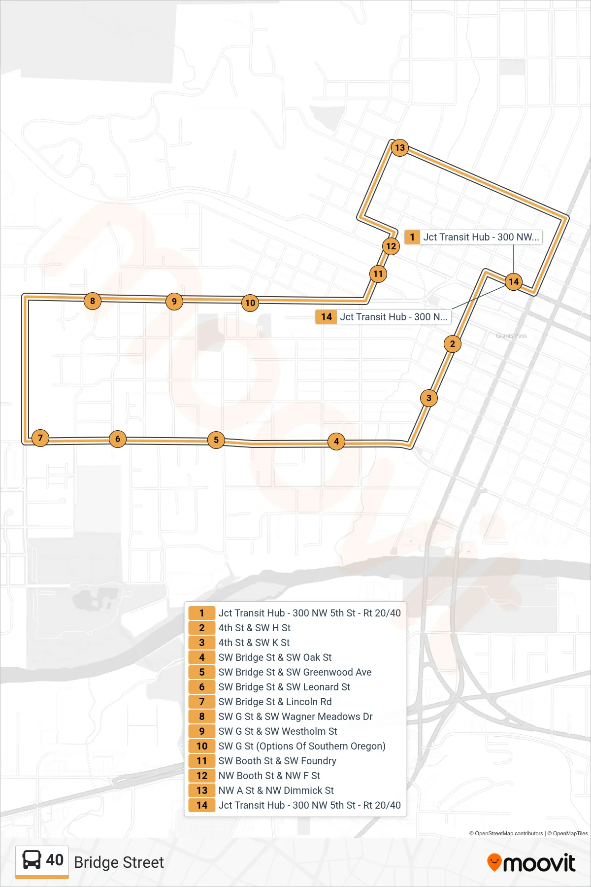 40 bus Line (Bridge Street) route and stops on a map