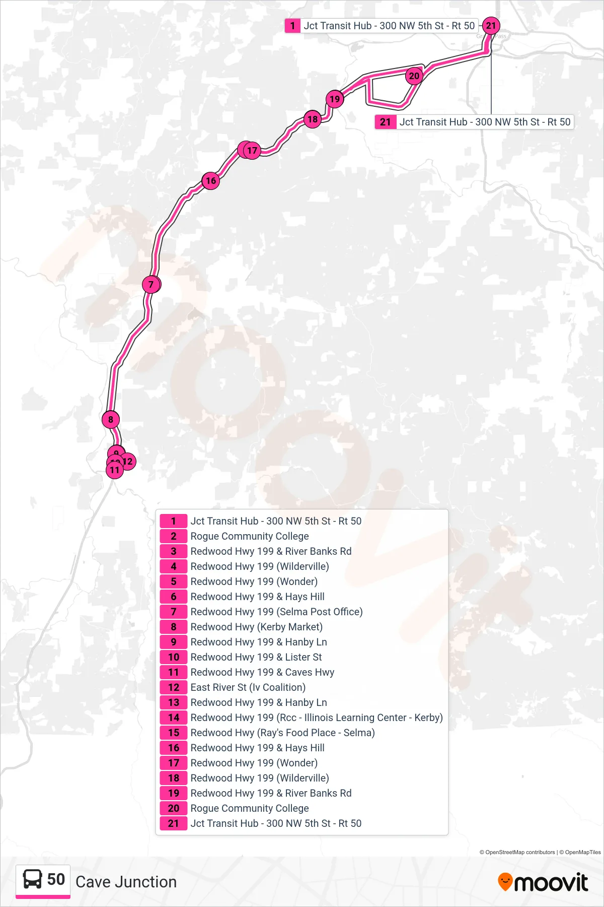50 bus Line (Cave Junction) route and stops on a map