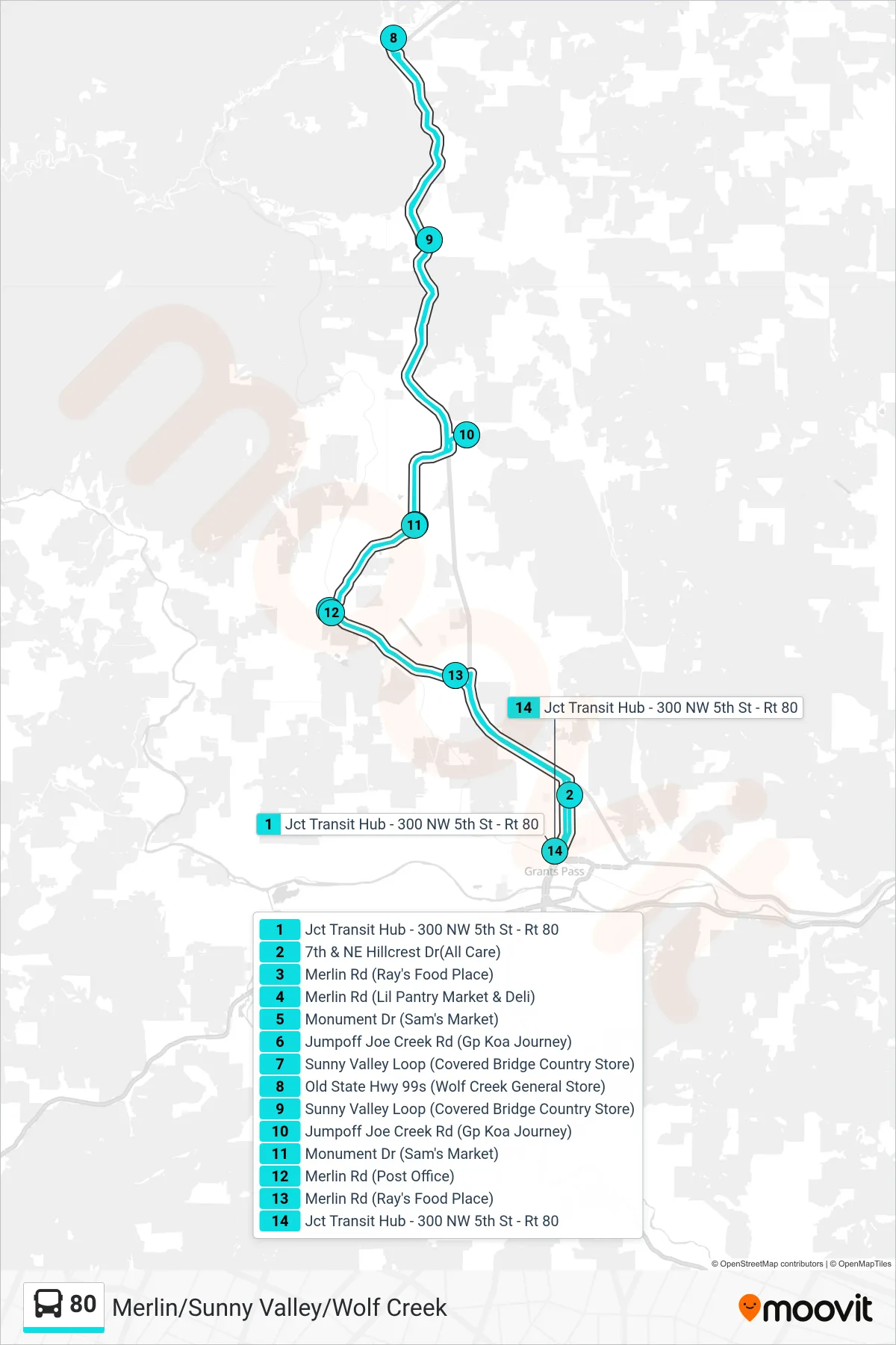 80 bus Line (Merlin/Sunny Valley/Wolf Creek) route and stops on a map