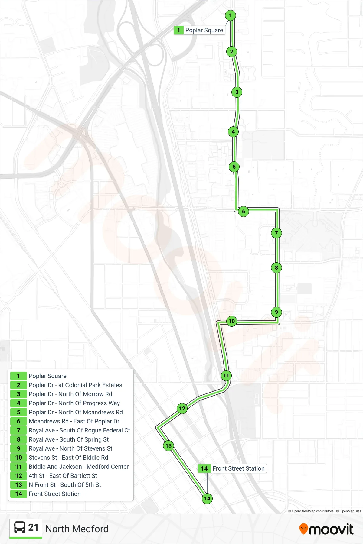 21 bus Line (Medford / Front St Station) route and stops on a map