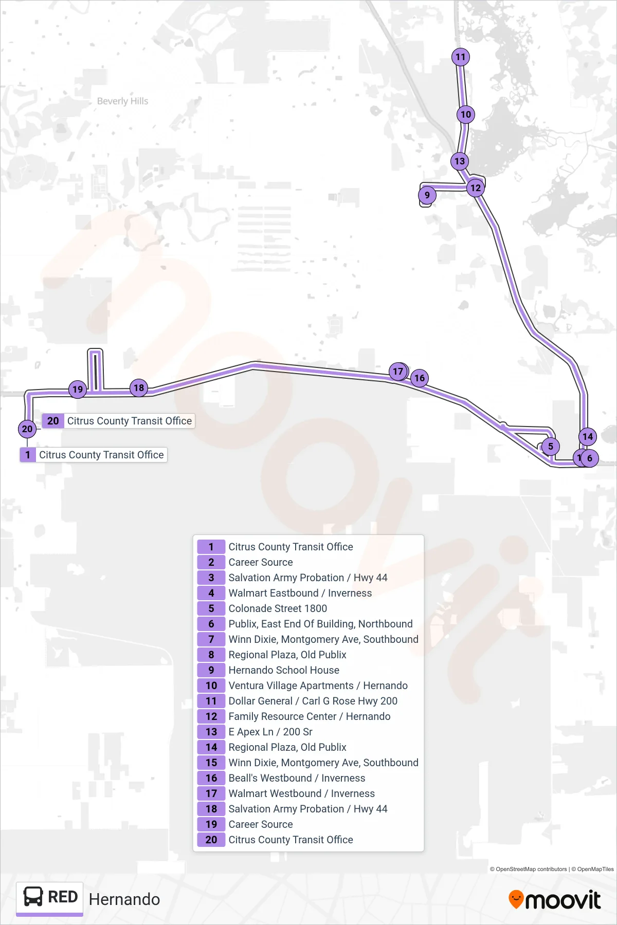 RED bus Line (Loop) route and stops on a map
