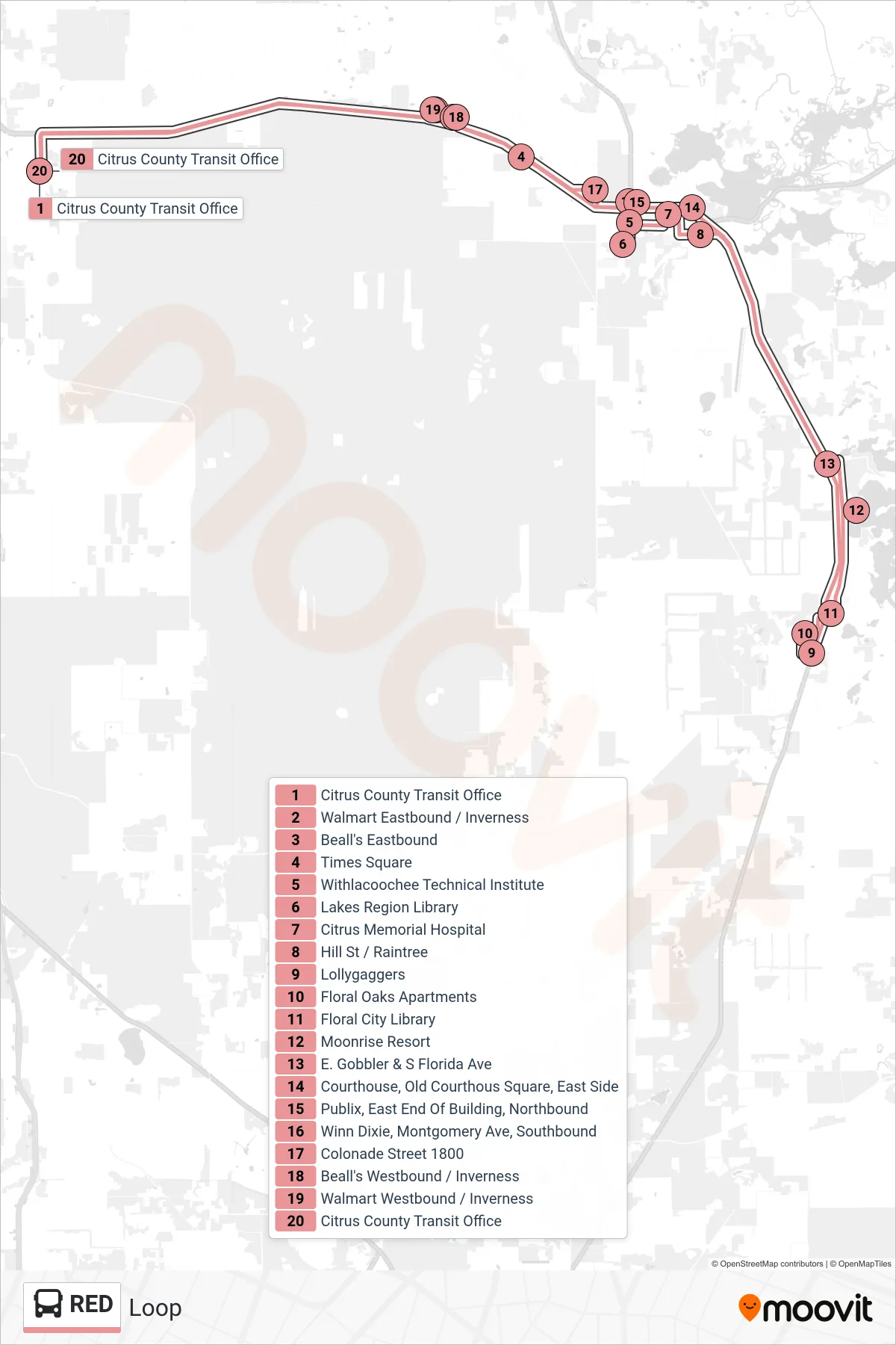RED bus Line (Loop) route and stops on a map