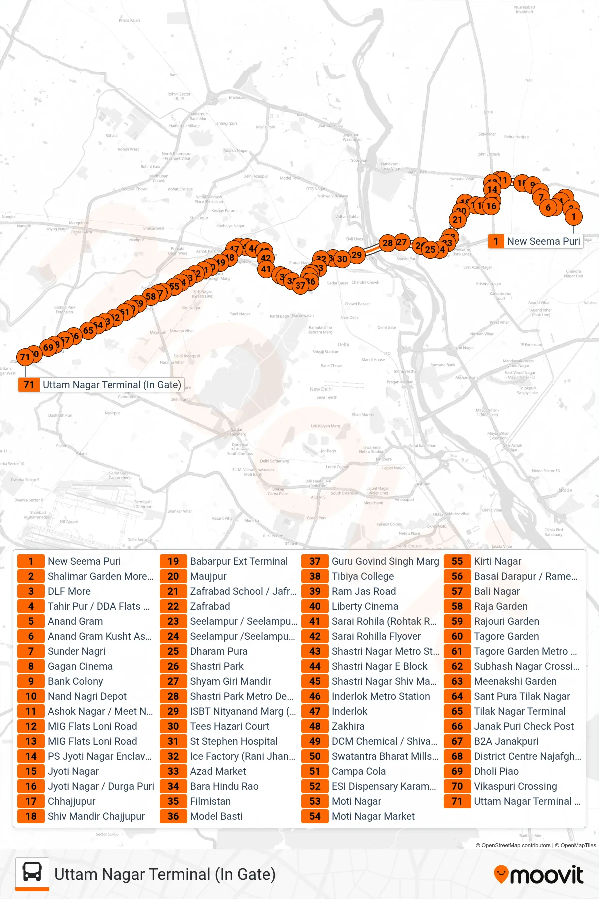 847 bus Line (Uttam Nagar Terminal (In Gate)) route and stops on a map