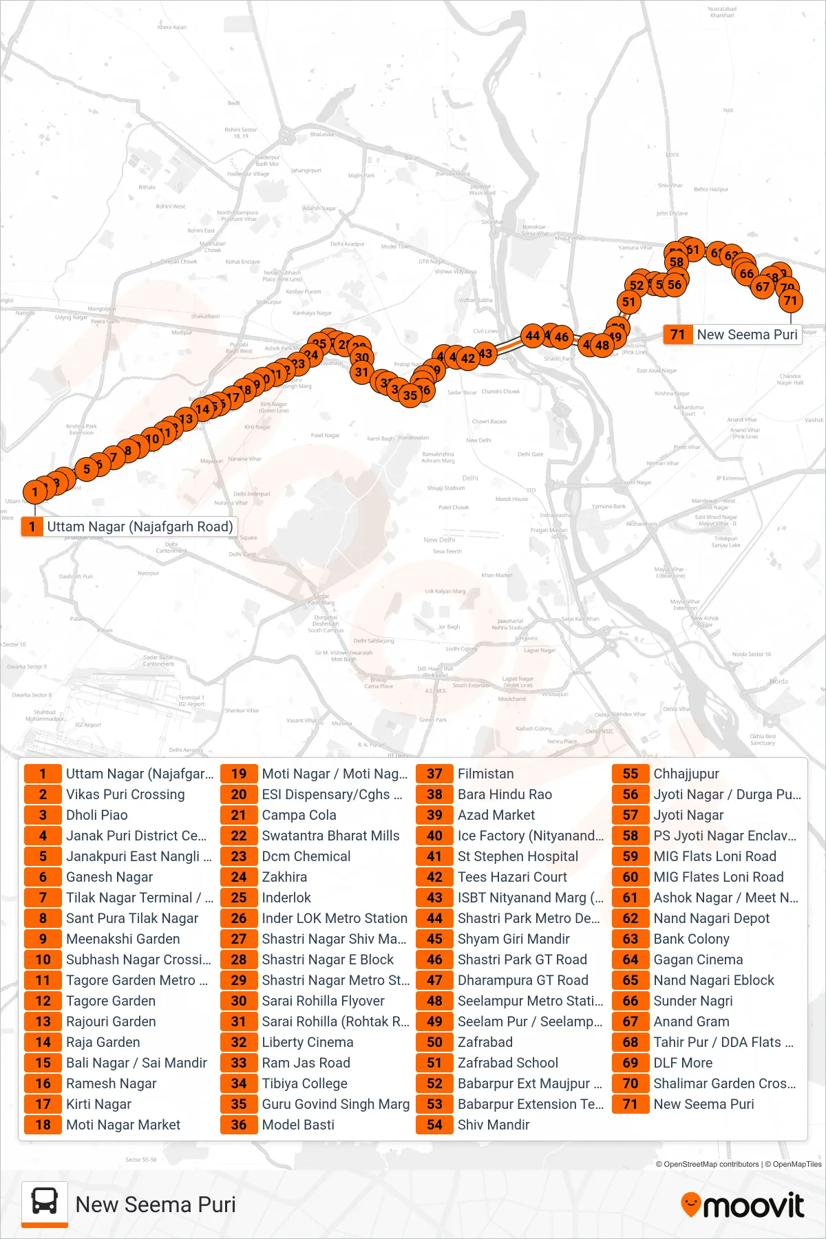 847 bus Line (New Seema Puri) route and stops on a map