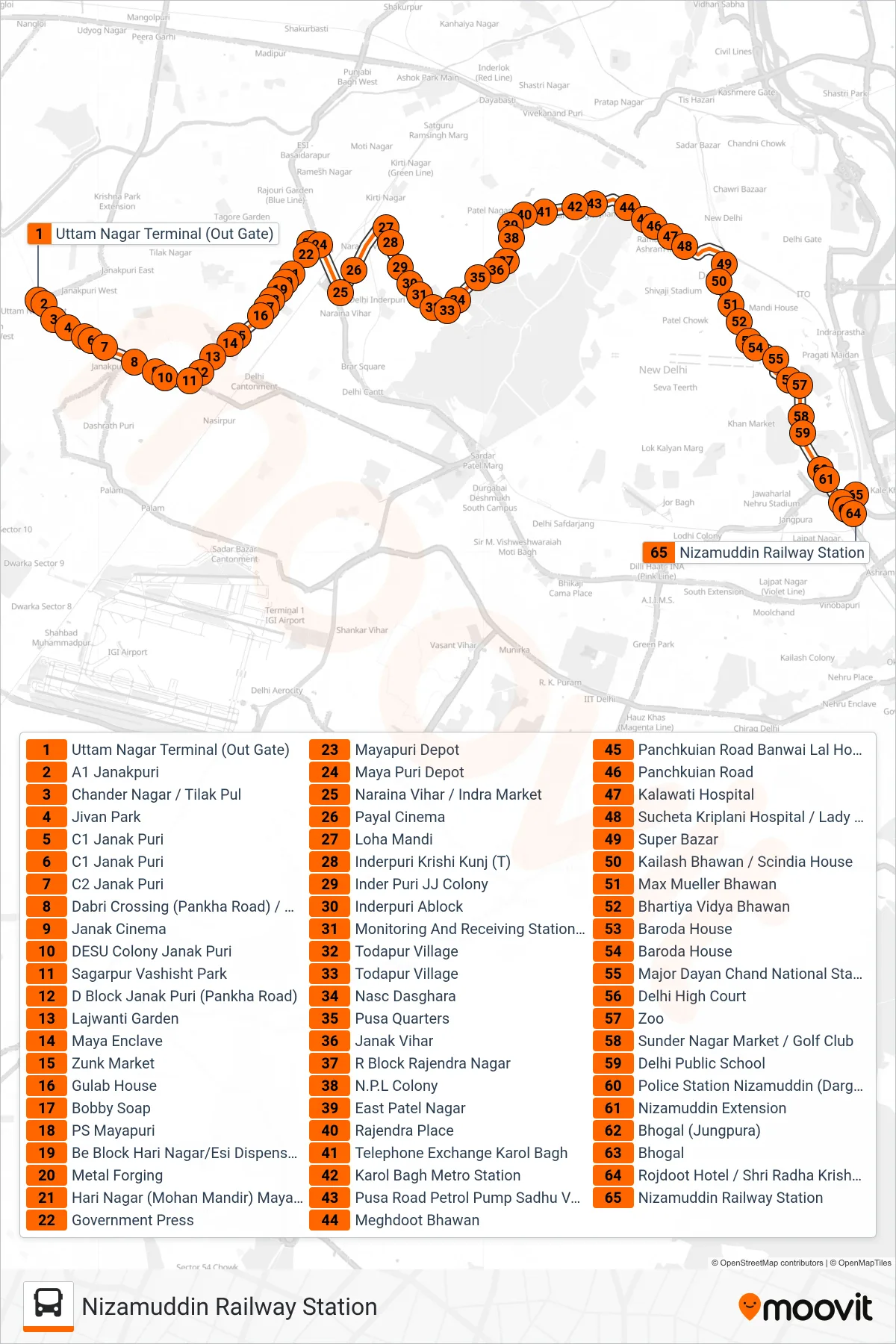 893 bus Line (Nizamuddin Railway Station) route and stops on a map