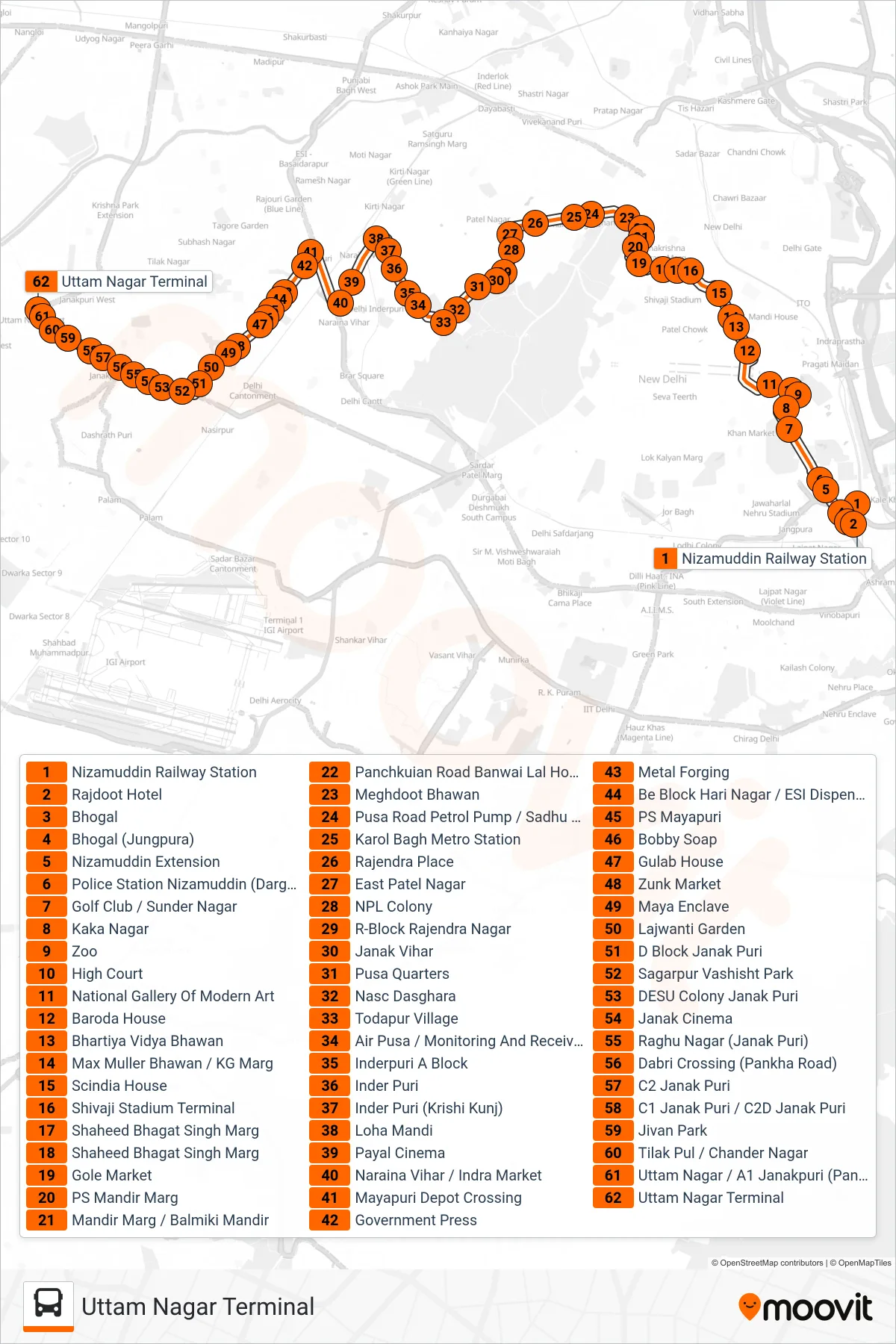 893 bus Line (Uttam Nagar Terminal) route and stops on a map
