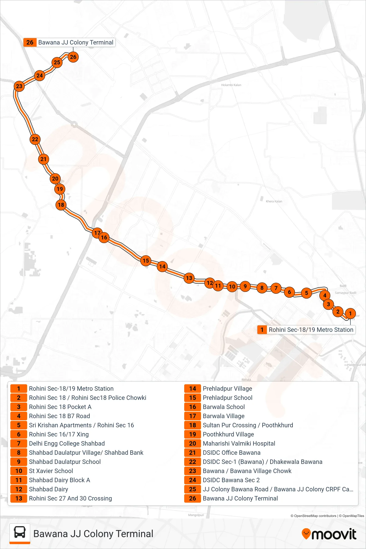 116A2 bus Line (Bawana JJ Colony Terminal) route and stops on a map