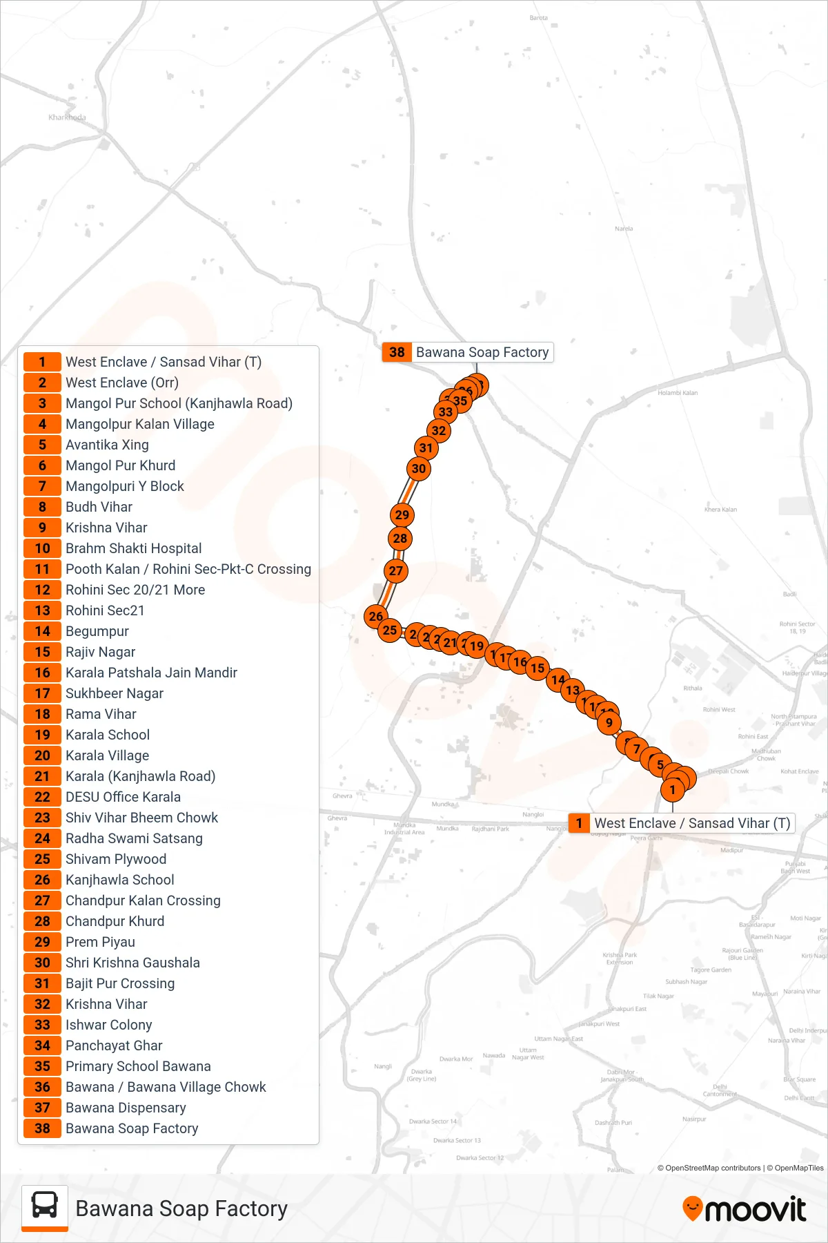 972AEXT bus Line (Bawana Soap Factory) route and stops on a map