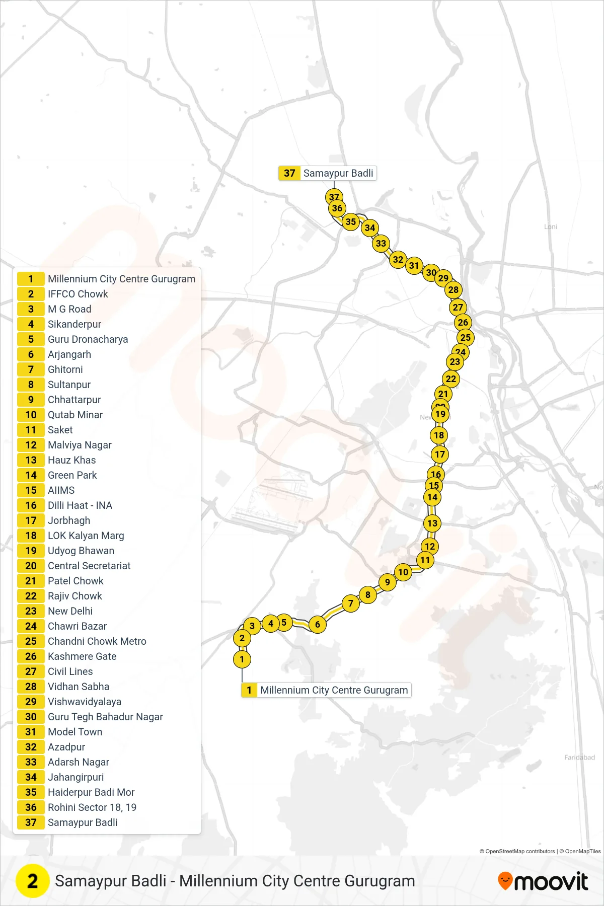 2 metro Line (Samaypur Badli) route and stops on a map