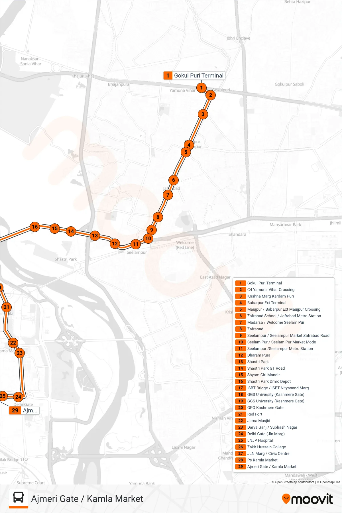 784 bus Line (Ajmeri Gate / Kamla Market) route and stops on a map