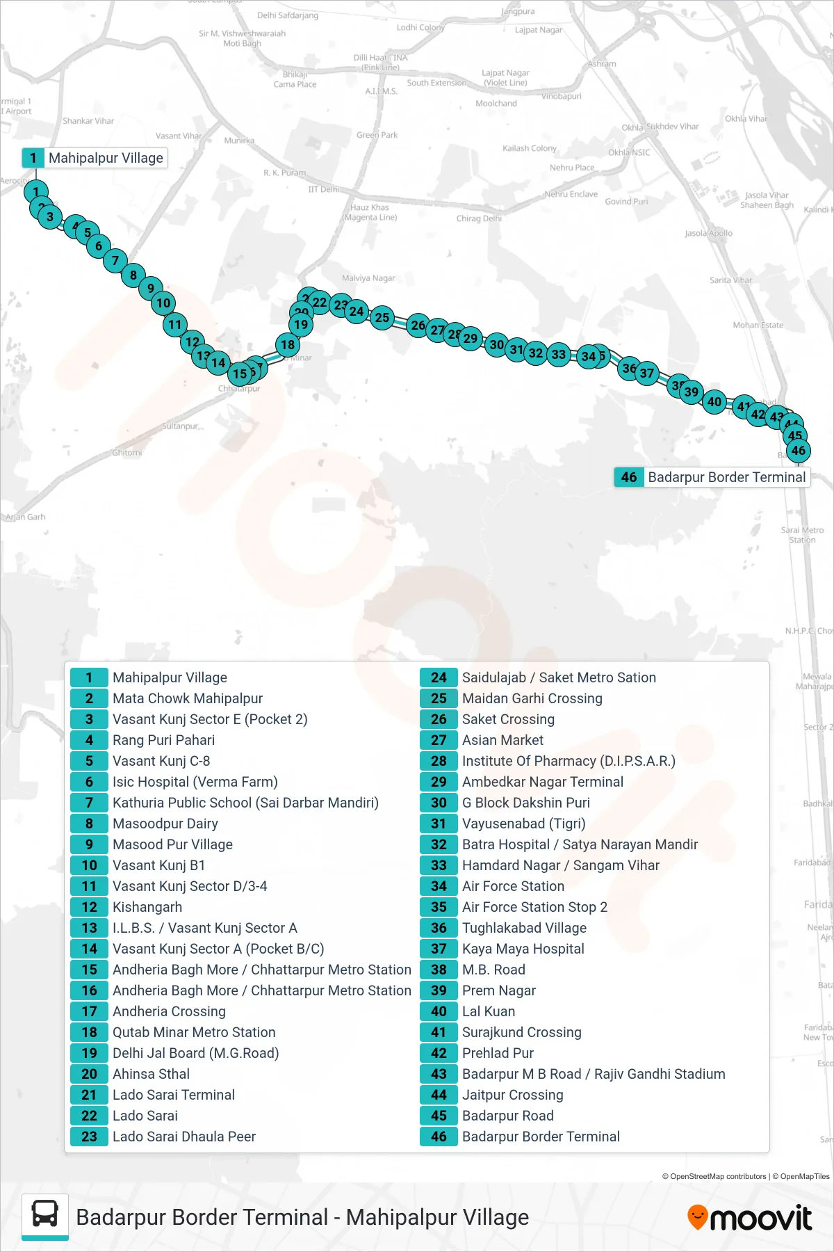 717B bus Line (Badarpur Border Terminal) route and stops on a map