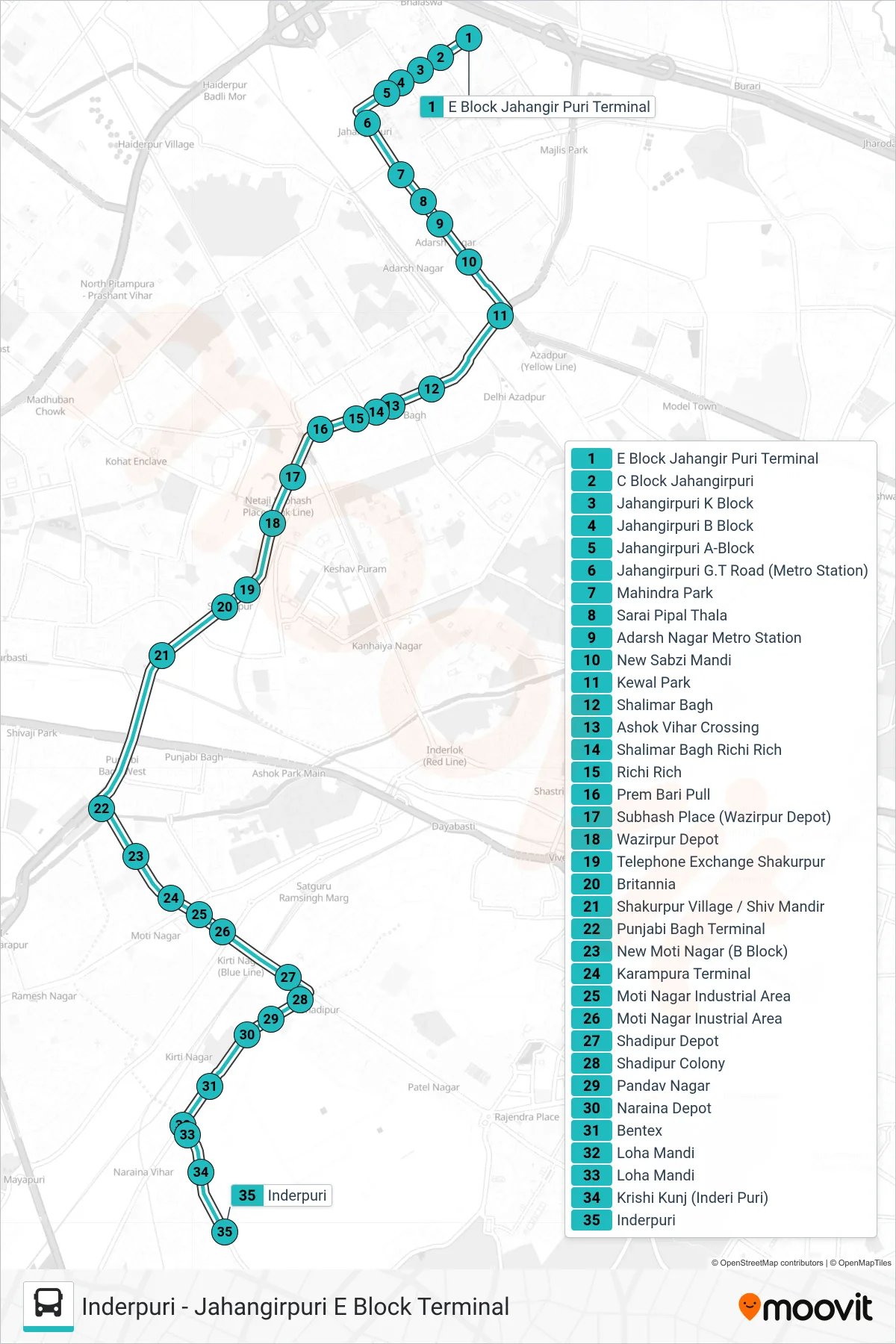 159 bus Line (Inderpuri) route and stops on a map