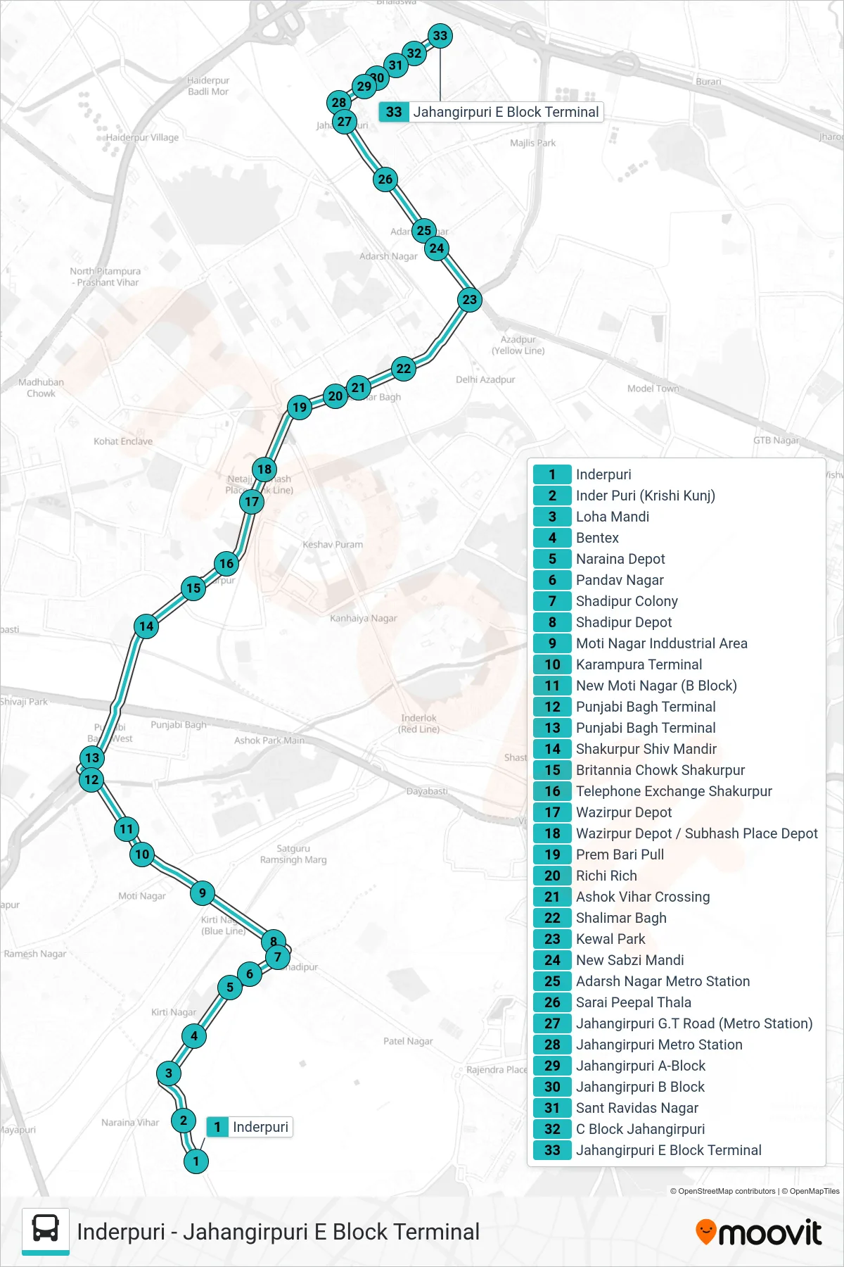 159 bus Line (Jahangirpuri E Block Terminal) route and stops on a map