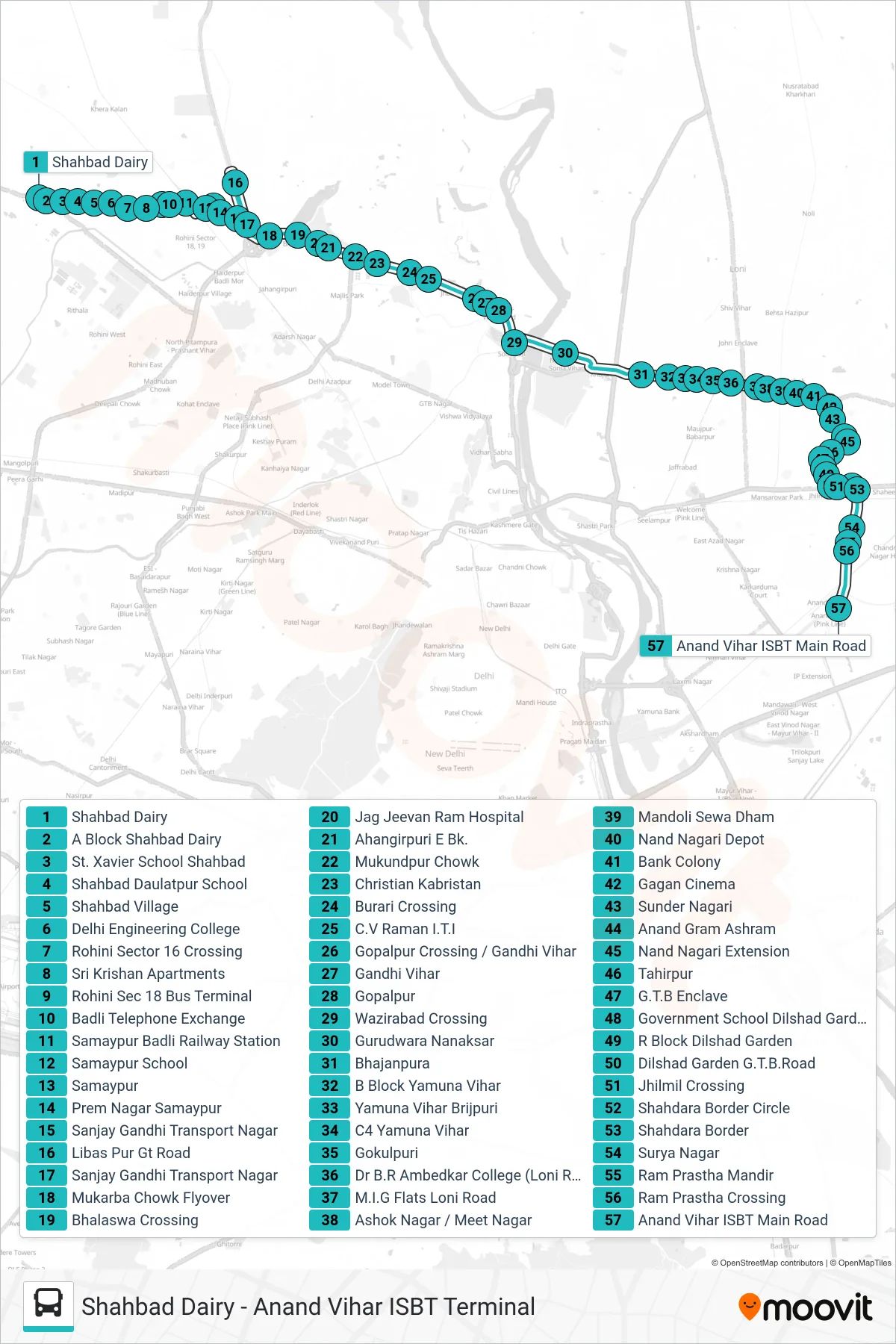 165A bus Line (Anand Vihar ISBT Terminal) route and stops on a map