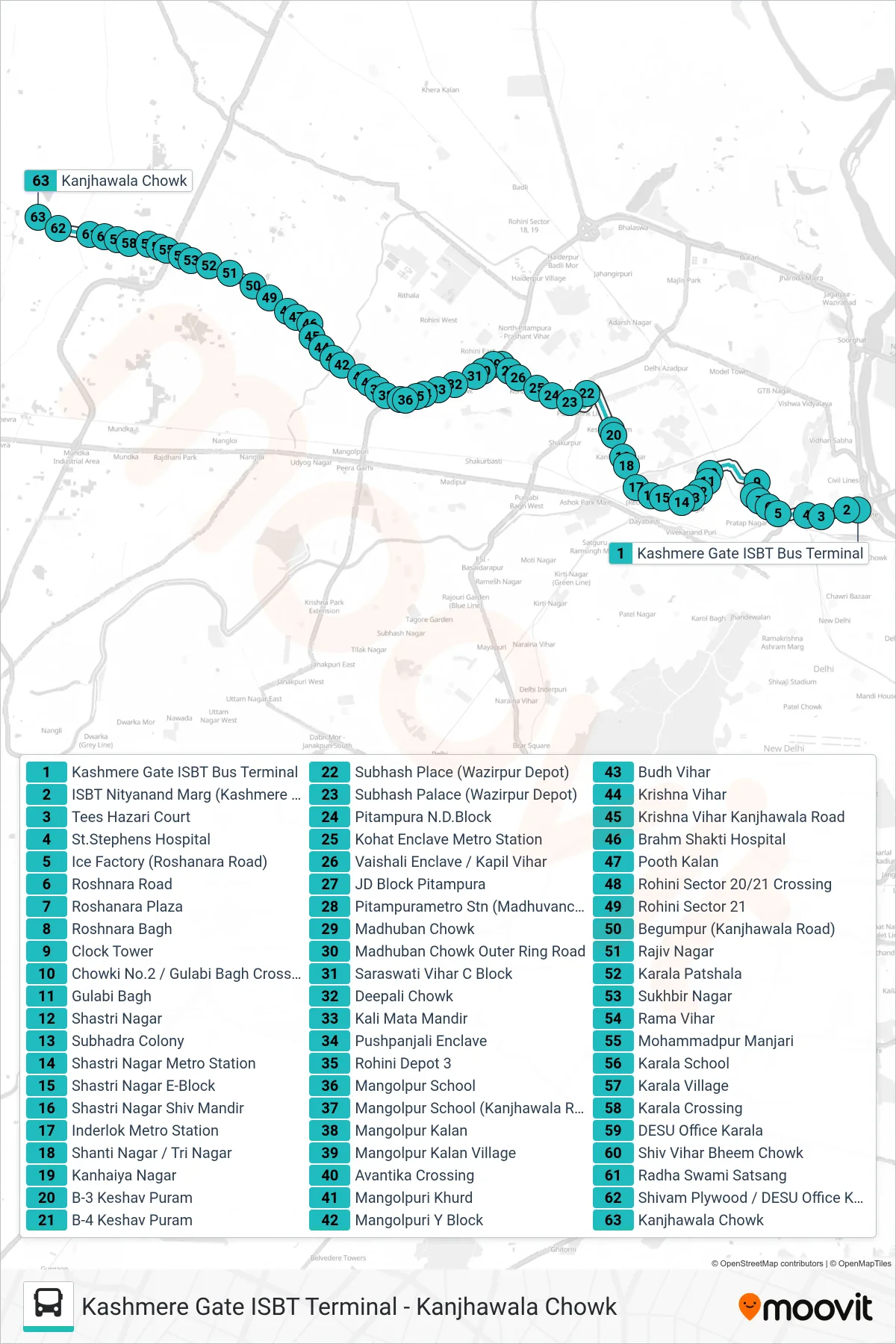 182A bus Line (Kanjhawala Chowk) route and stops on a map