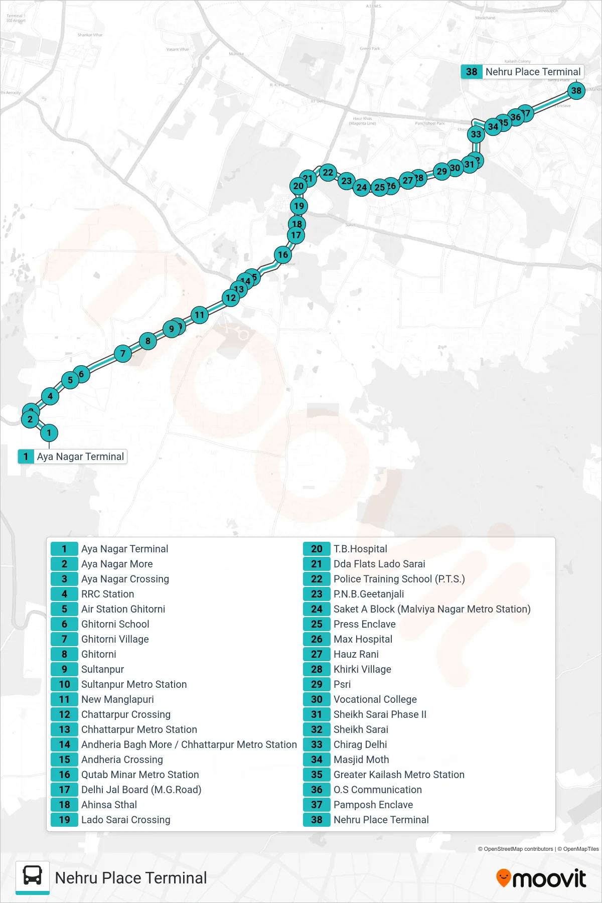 428 bus Line (Nehru Place Terminal) route and stops on a map