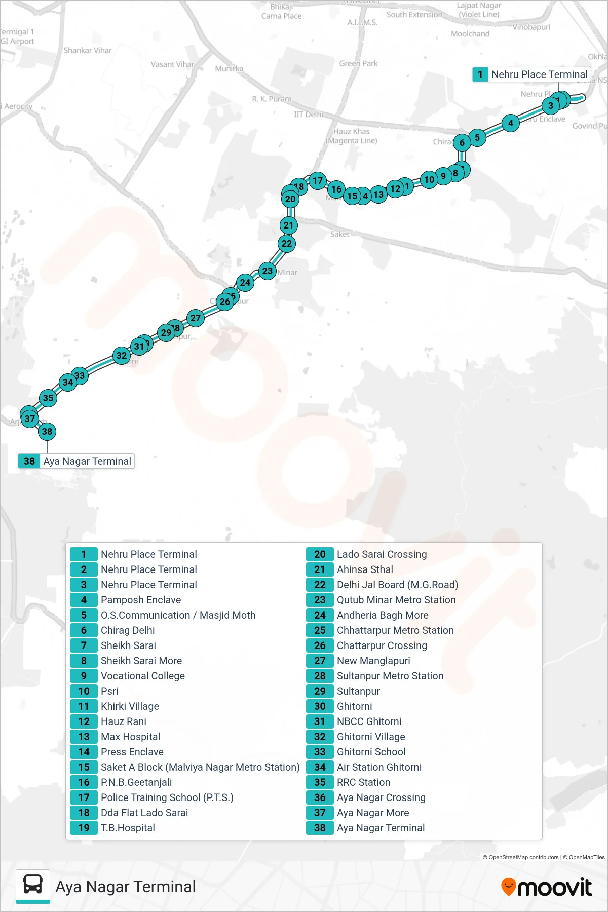 428 bus Line (Aya Nagar Terminal) route and stops on a map