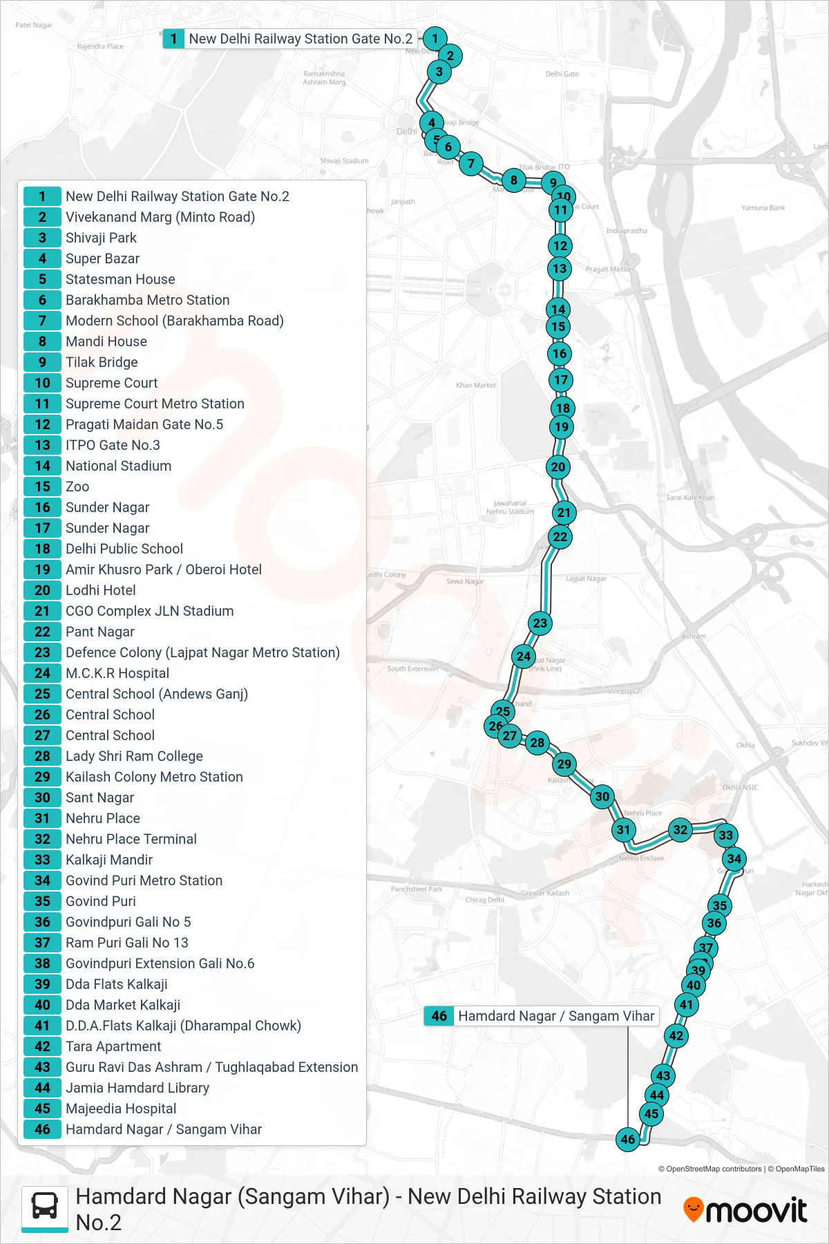 445A bus Line (Hamdard Nagar (Sangam Vihar)) route and stops on a map