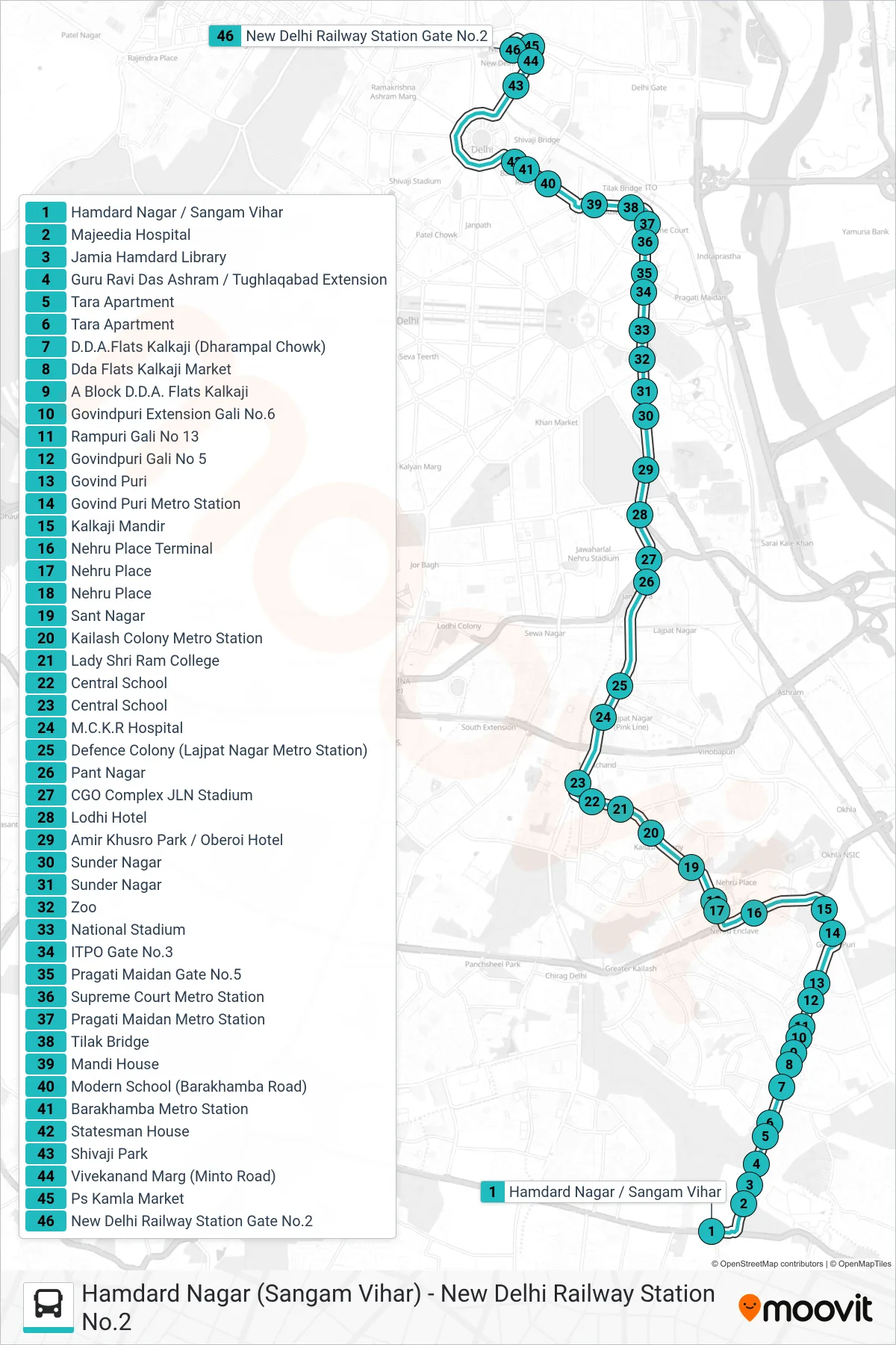445A bus Line (New Delhi Railway Station No.2) route and stops on a map