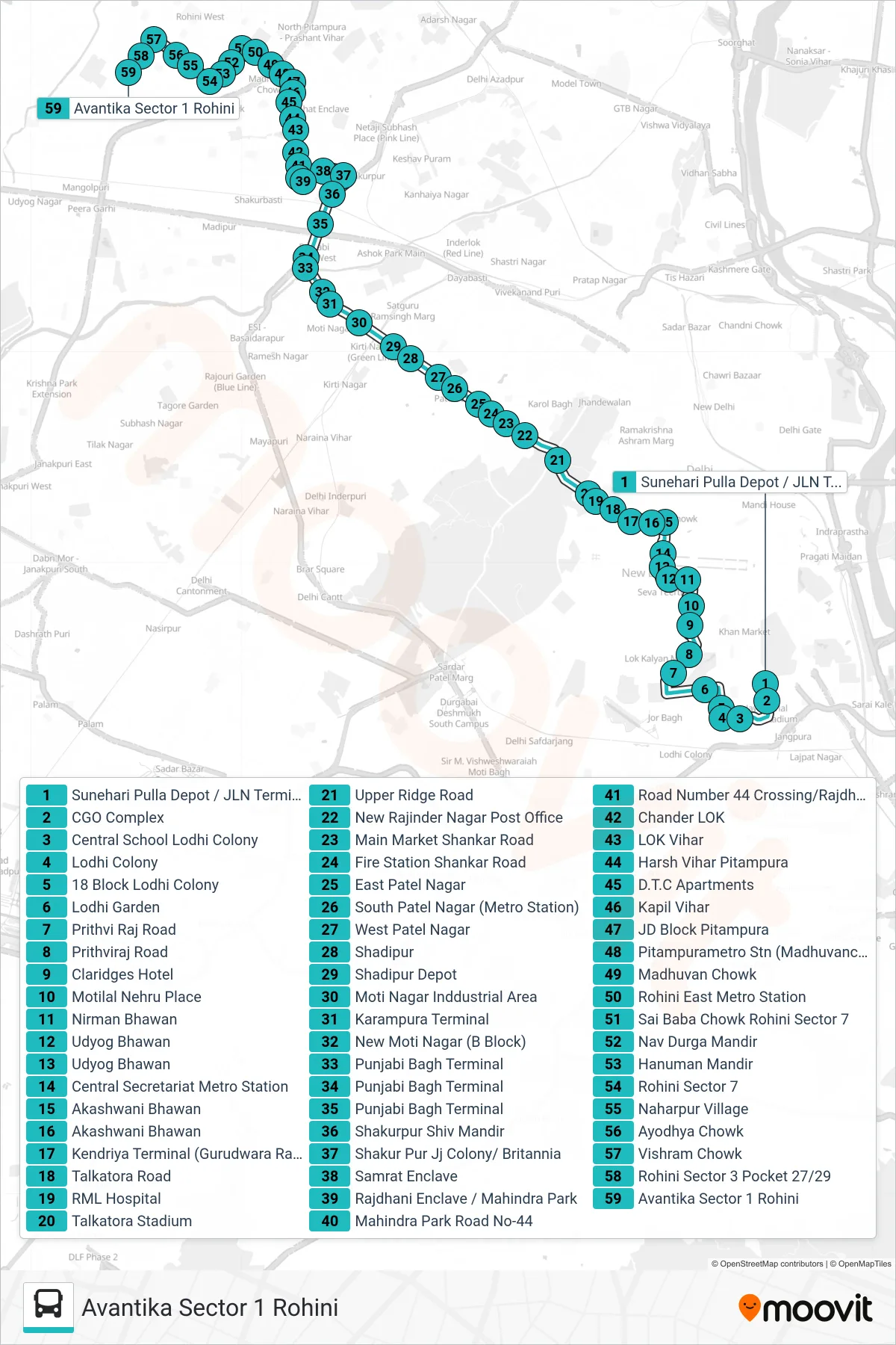 970 bus Line (Avantika Sector 1 Rohini) route and stops on a map