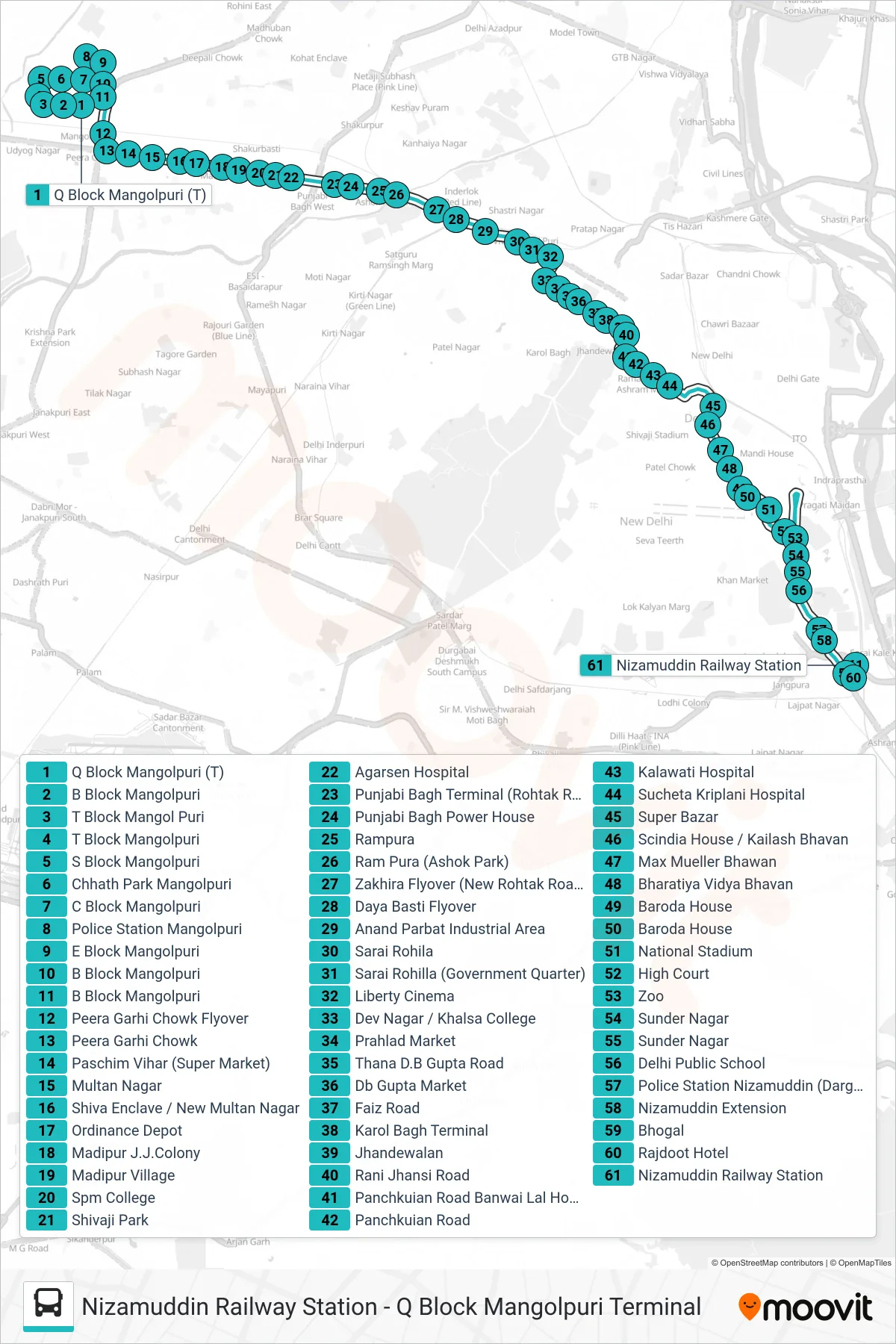 966EXT bus Line (Nizamuddin Railway Station) route and stops on a map