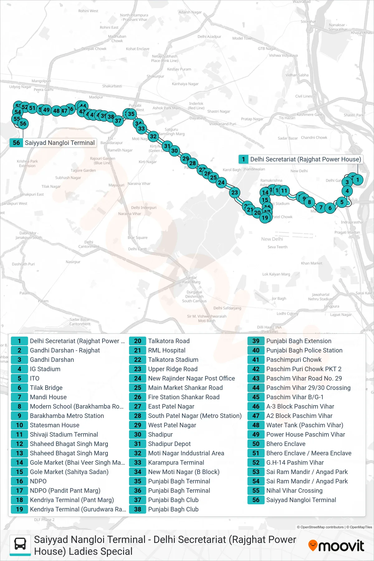 910L bus Line (Saiyyad Nangloi Terminal Ladies Special) route and stops on a map