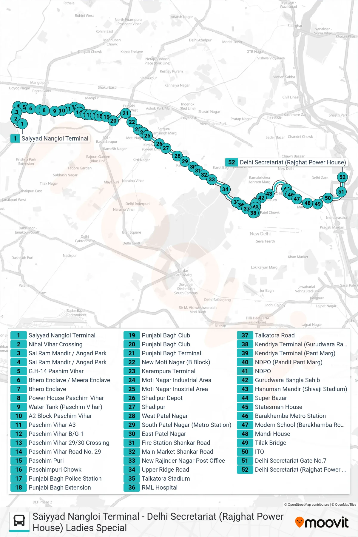910L bus Line (Delhi Secretariat (Rajghat Power House) Ladies Special) route and stops on a map