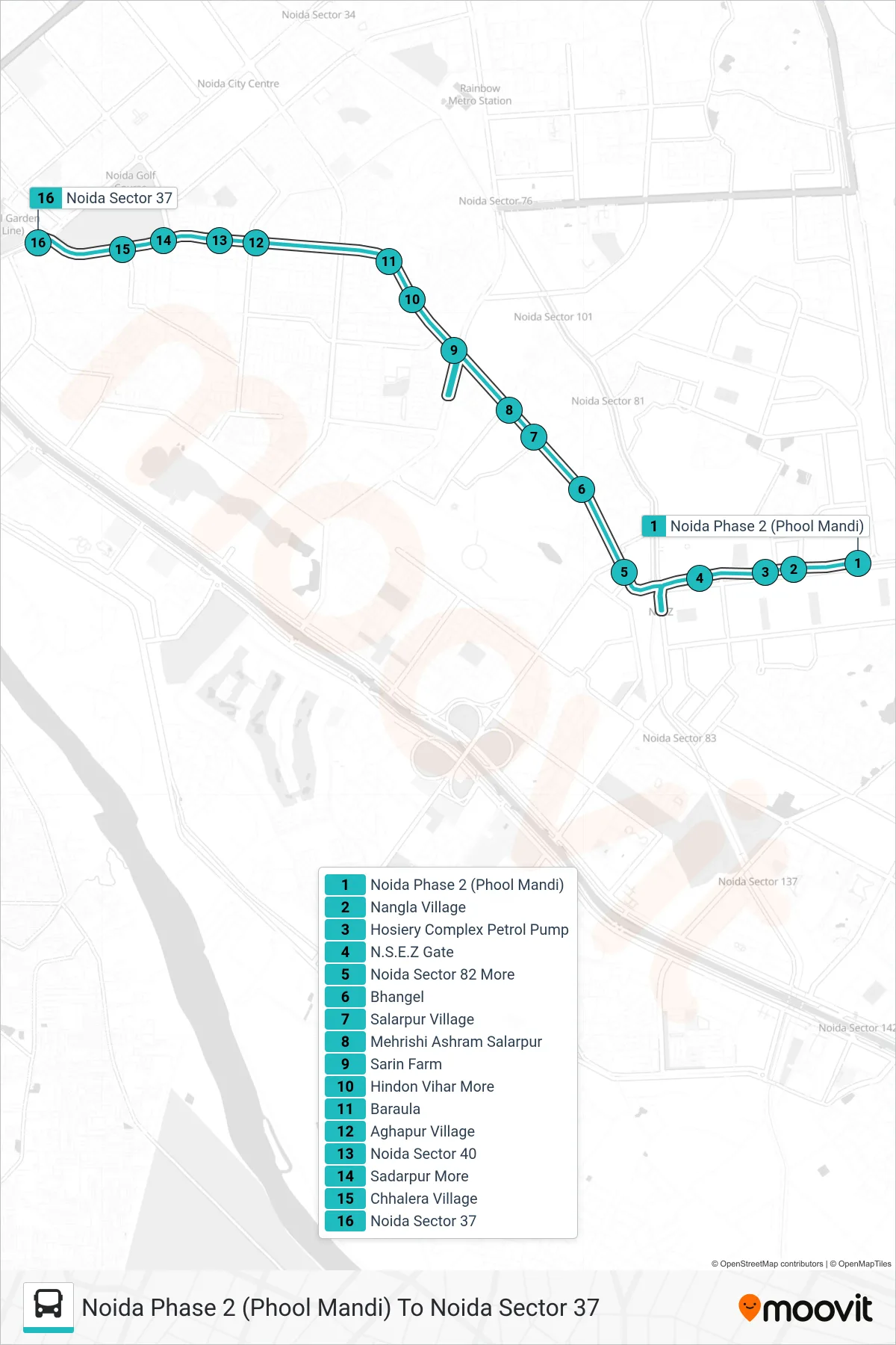 8A bus Line (Noida Sector 37) route and stops on a map