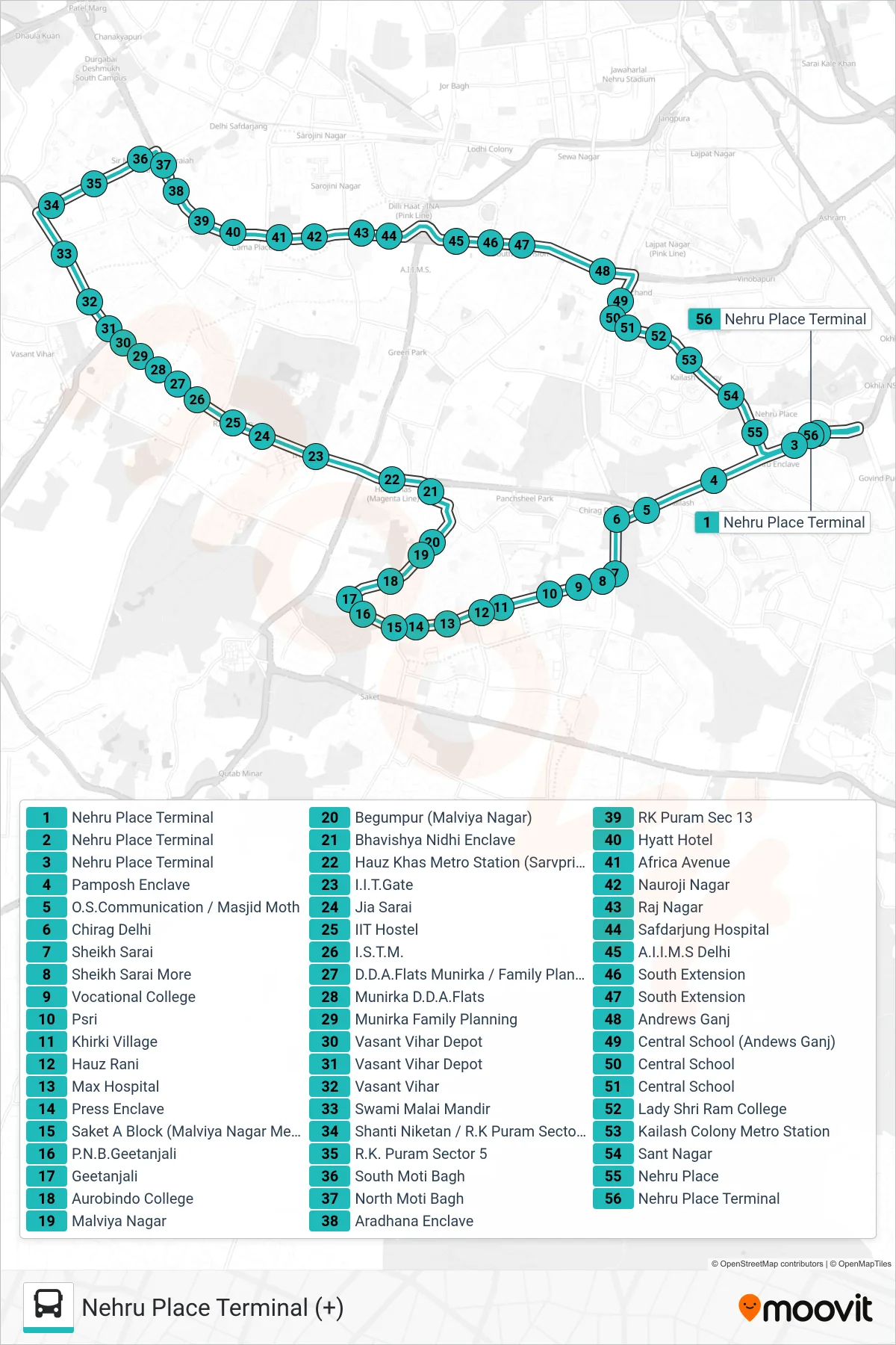 CBD3(+) bus Line (Nehru Place Terminal (+)) route and stops on a map