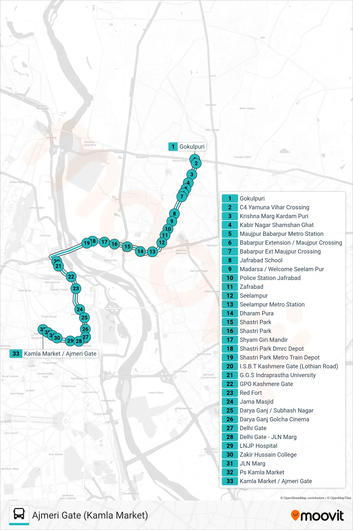 784 bus Line (Ajmeri Gate (Kamla Market)) route and stops on a map