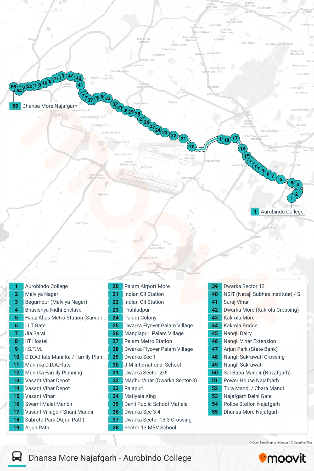 U-SPL-02 bus Line (Dhansa More Najafgarh) route and stops on a map