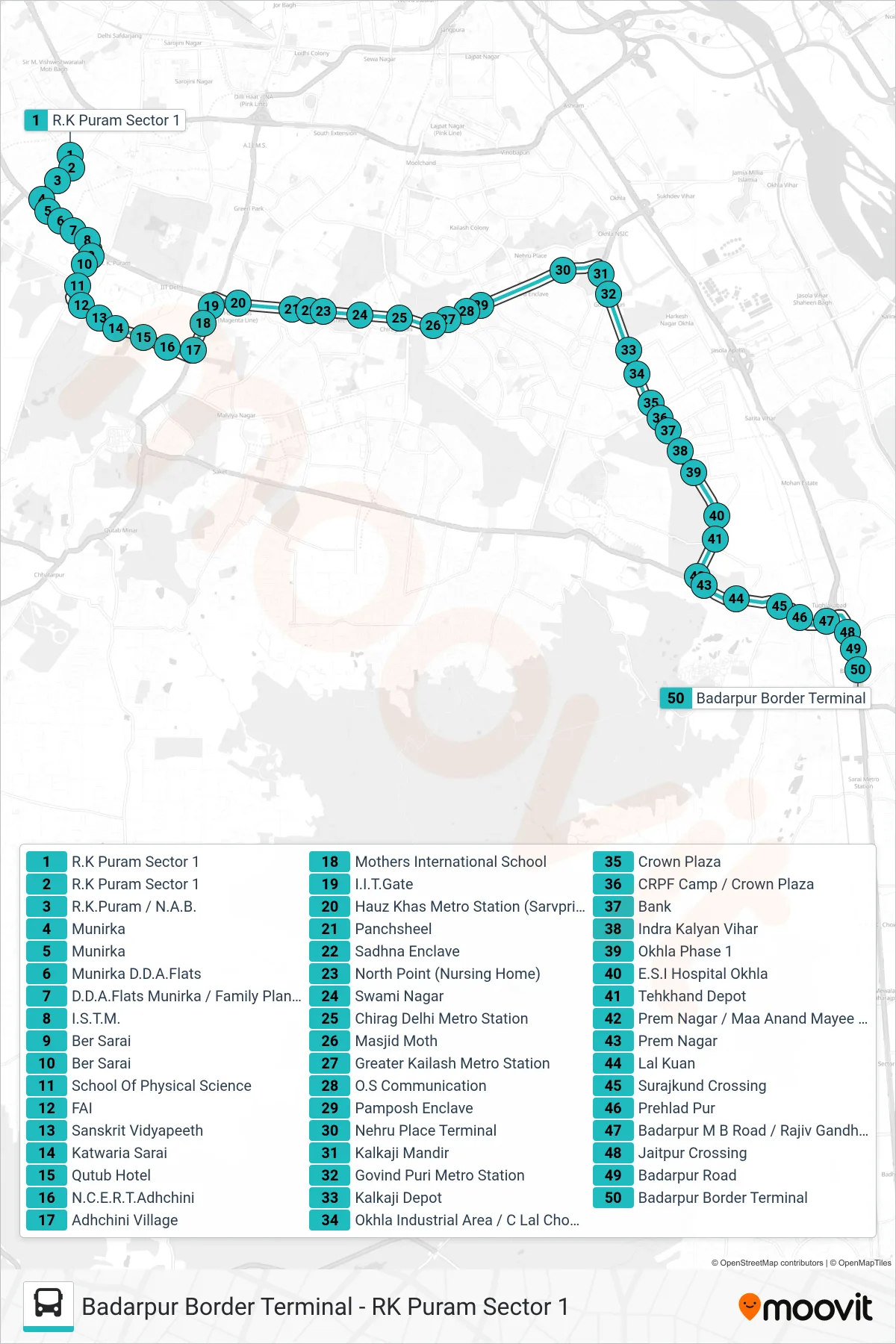 511A bus Line (Badarpur Border Terminal) route and stops on a map