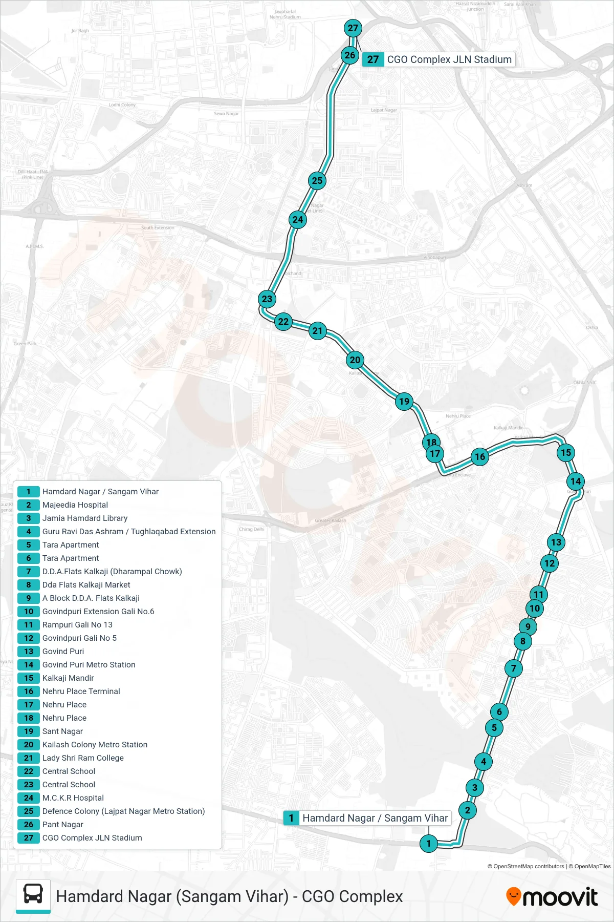 445A bus Line (CGO Complex) route and stops on a map