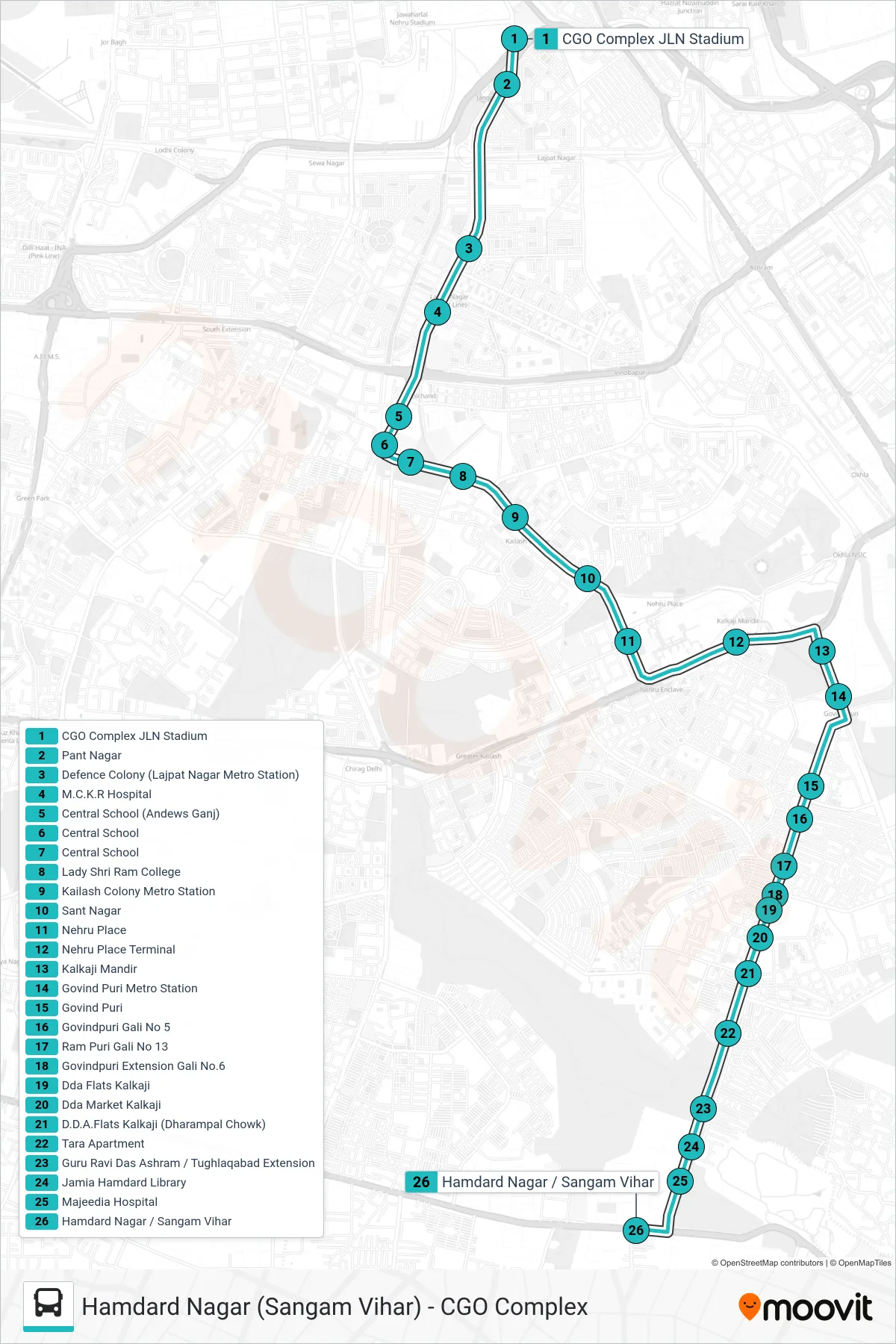 445A bus Line (Hamdard Nagar (Sangam Vihar)) route and stops on a map