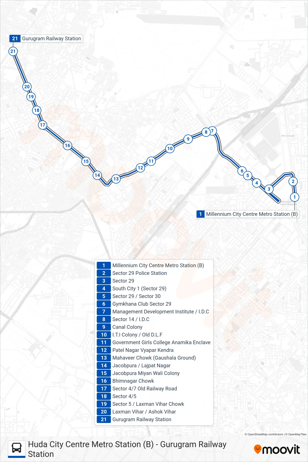 116E bus Line (Gurugram Railway Station) route and stops on a map