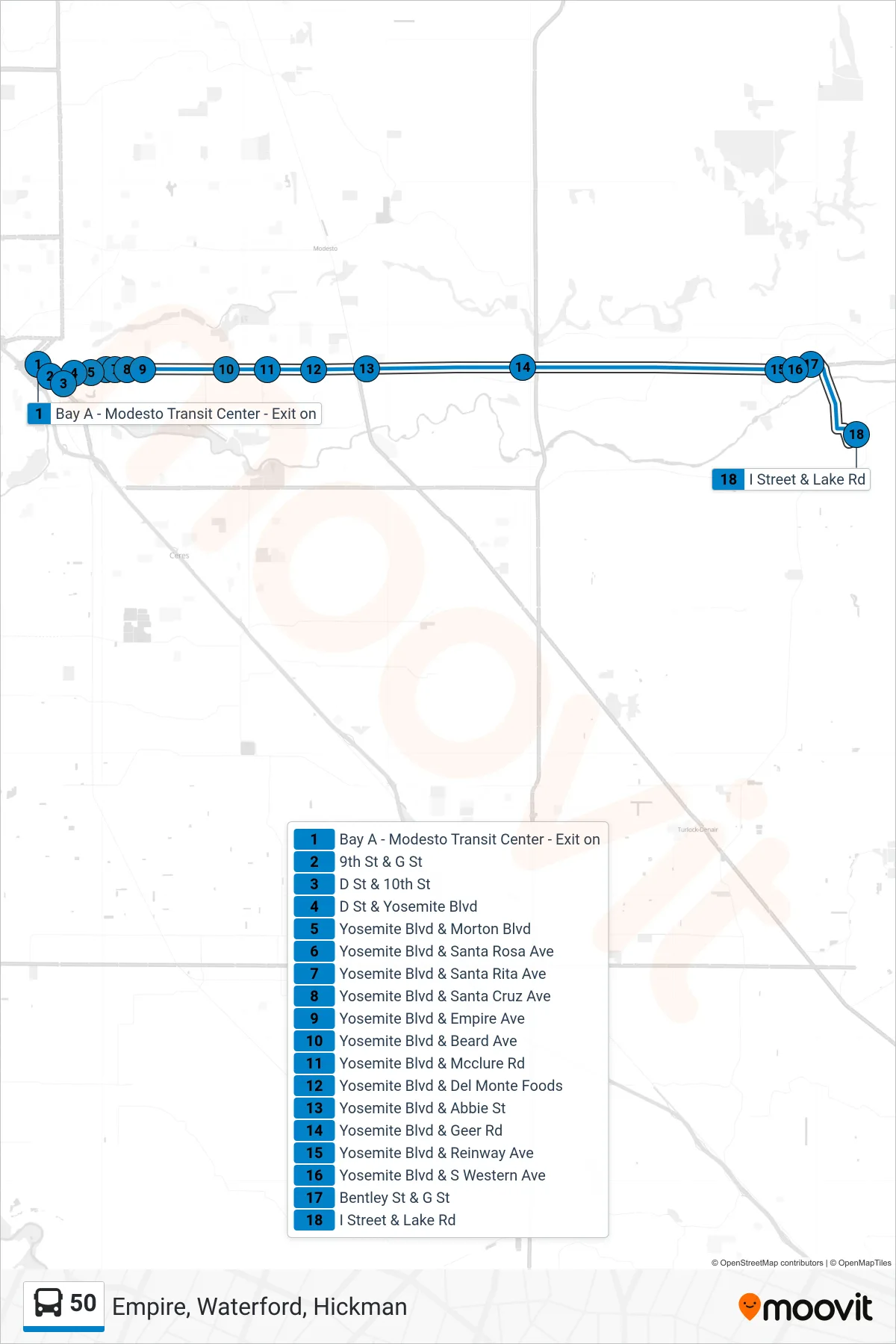 50 bus Line (Empire, Waterford, Hickman) route and stops on a map