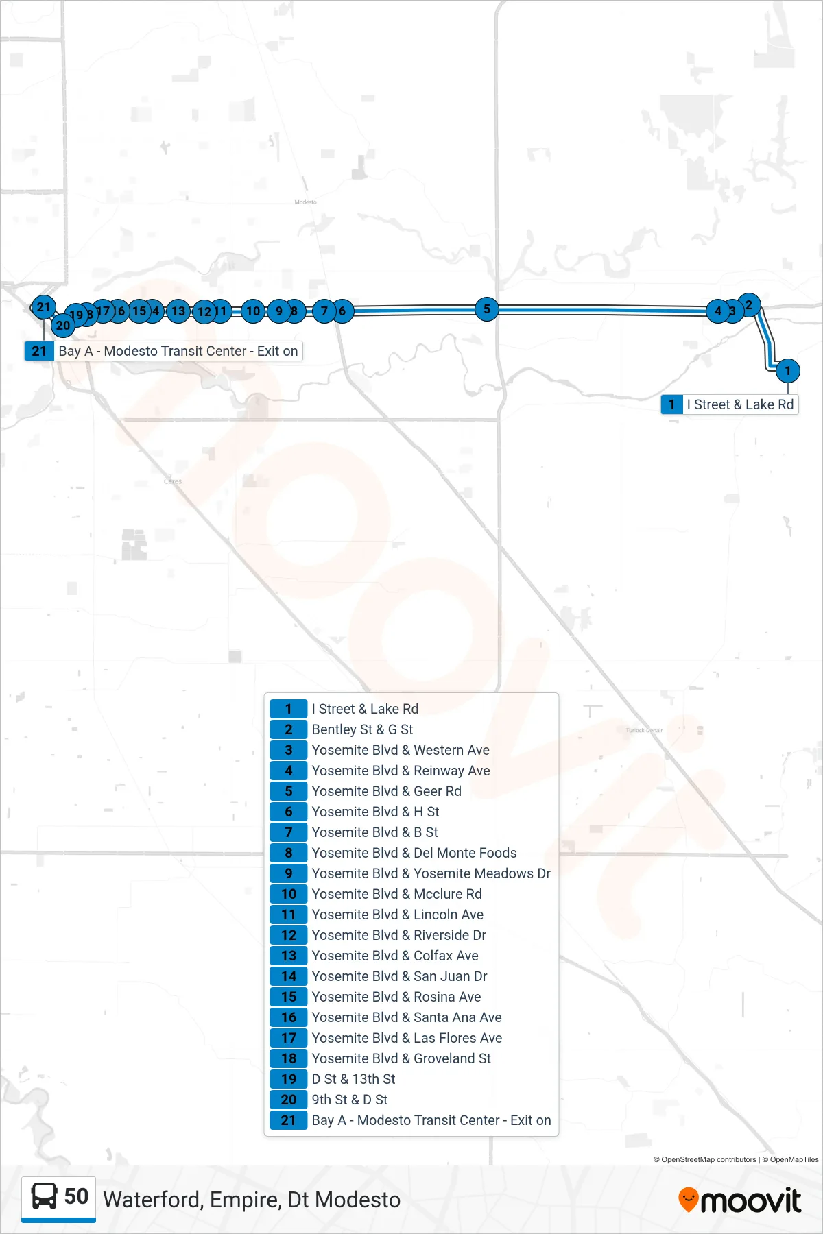 50 bus Line (Waterford, Empire, Dt Modesto) route and stops on a map