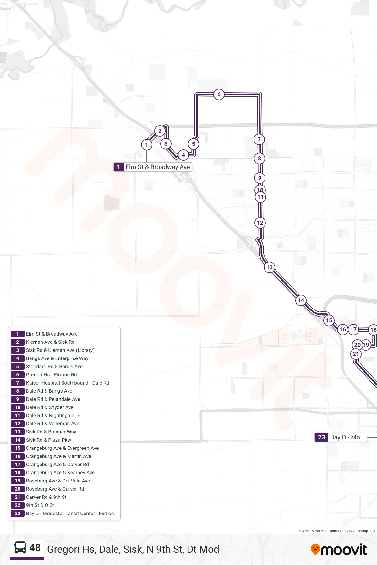 48 bus Line (Gregori Hs, Dale, Sisk, N 9th St, Dt Mod) route and stops on a map