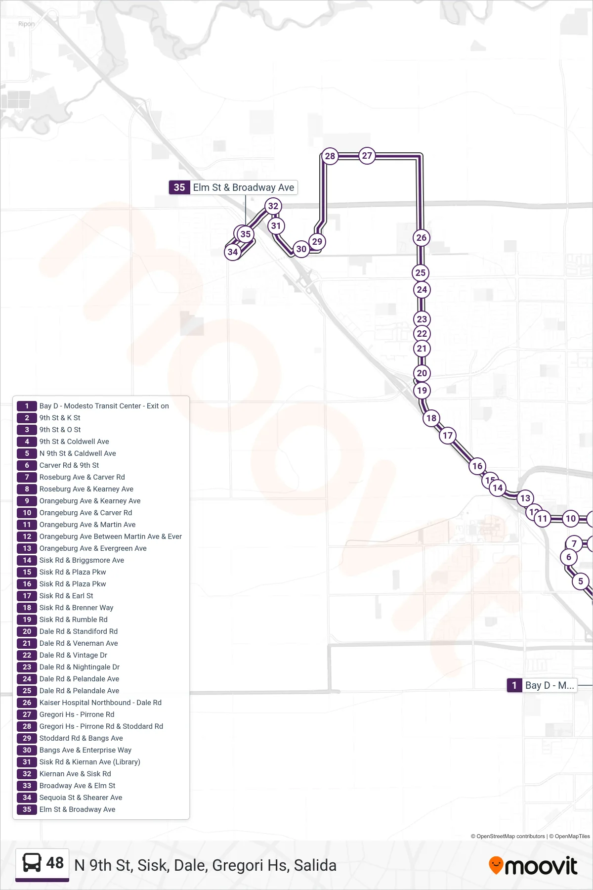 48 bus Line (N 9th St, Sisk, Dale, Gregori Hs, Salida) route and stops on a map