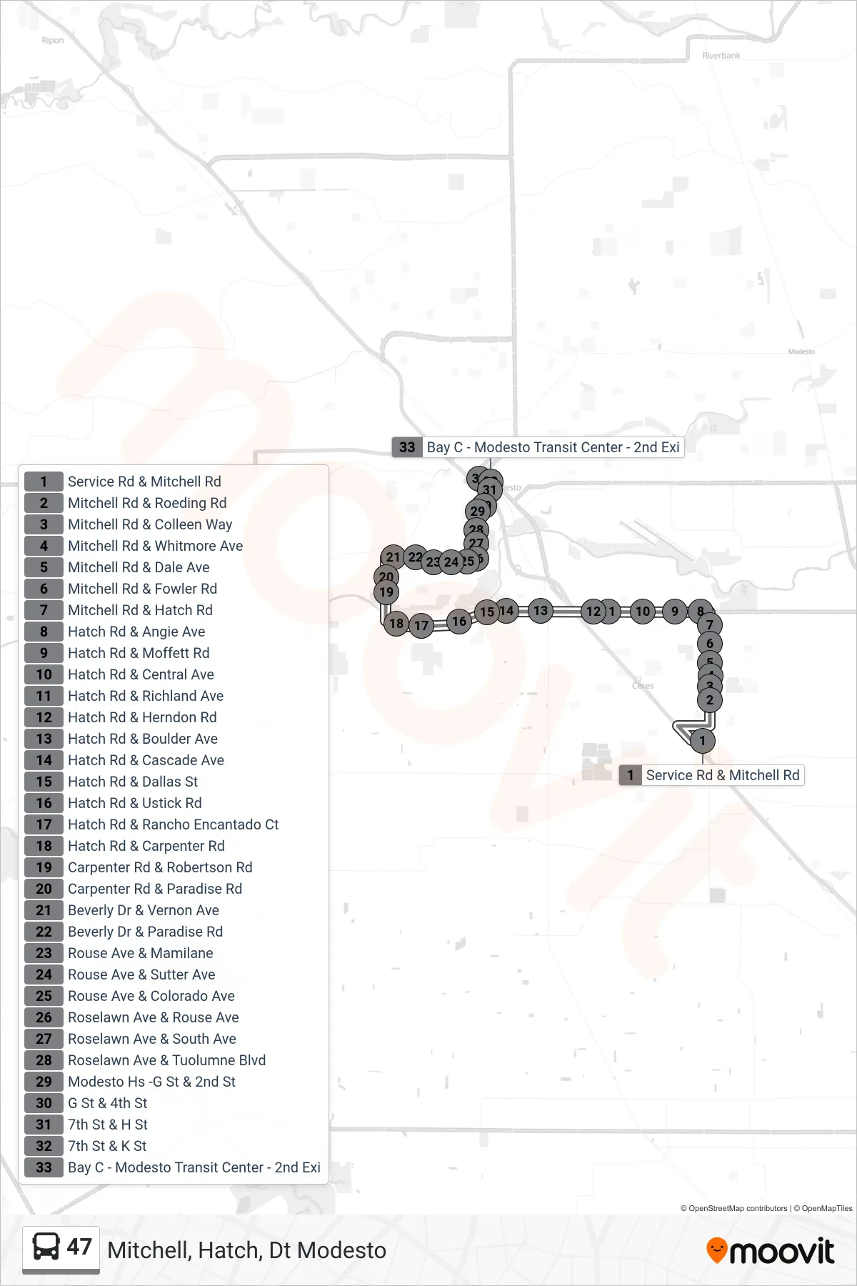 47 bus Line (Mitchell, Hatch, Dt Modesto) route and stops on a map