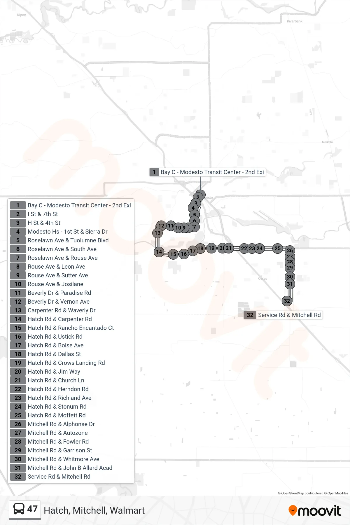 47 bus Line (Hatch, Mitchell, Walmart) route and stops on a map