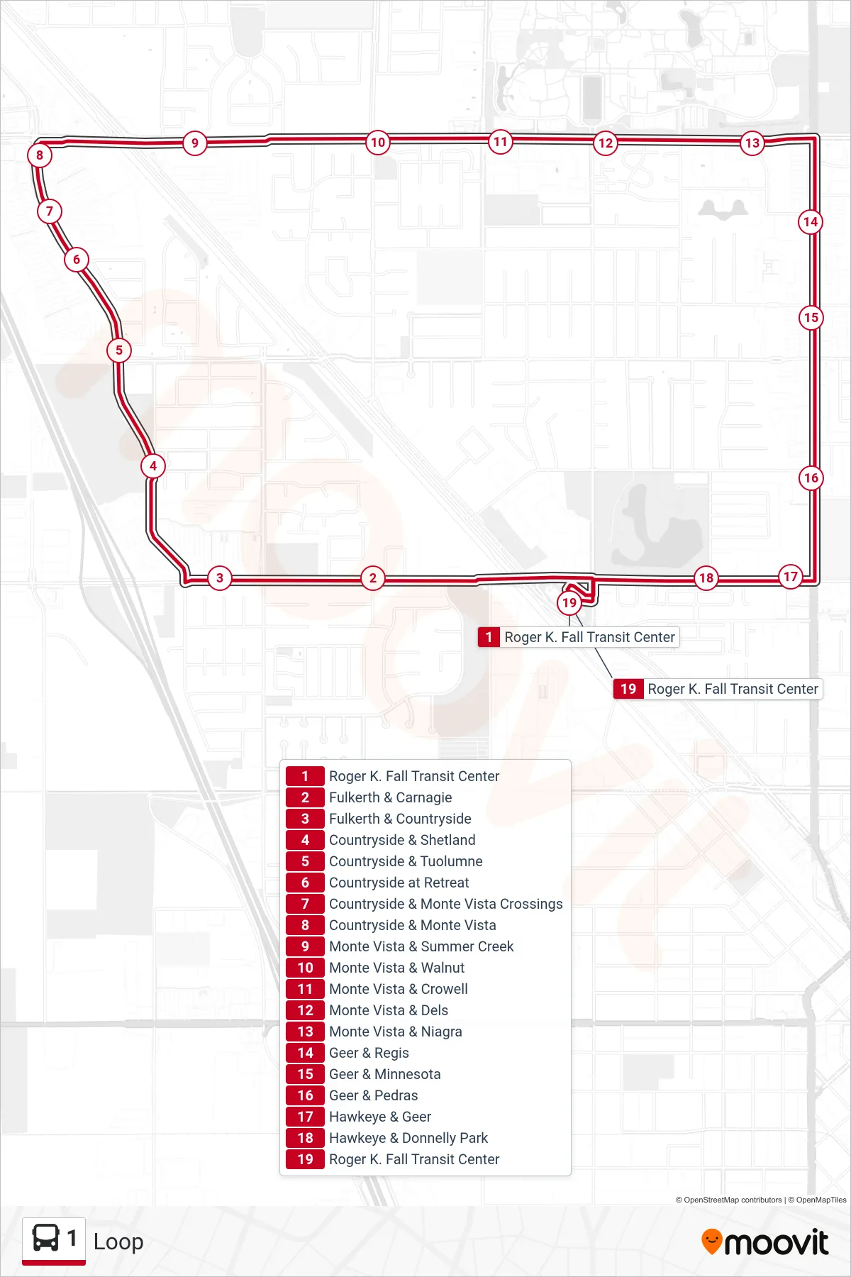 1 bus Line (Loop) route and stops on a map