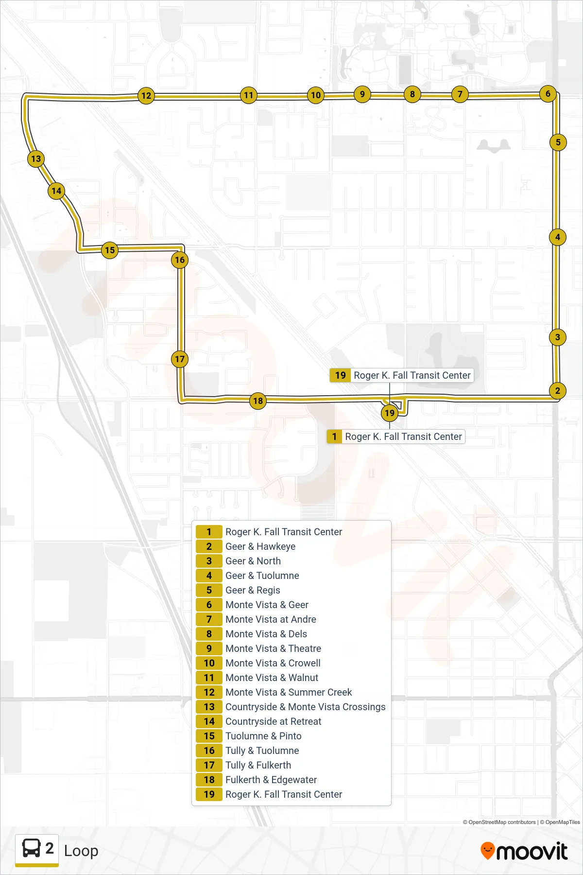 2 bus Line (Loop) route and stops on a map