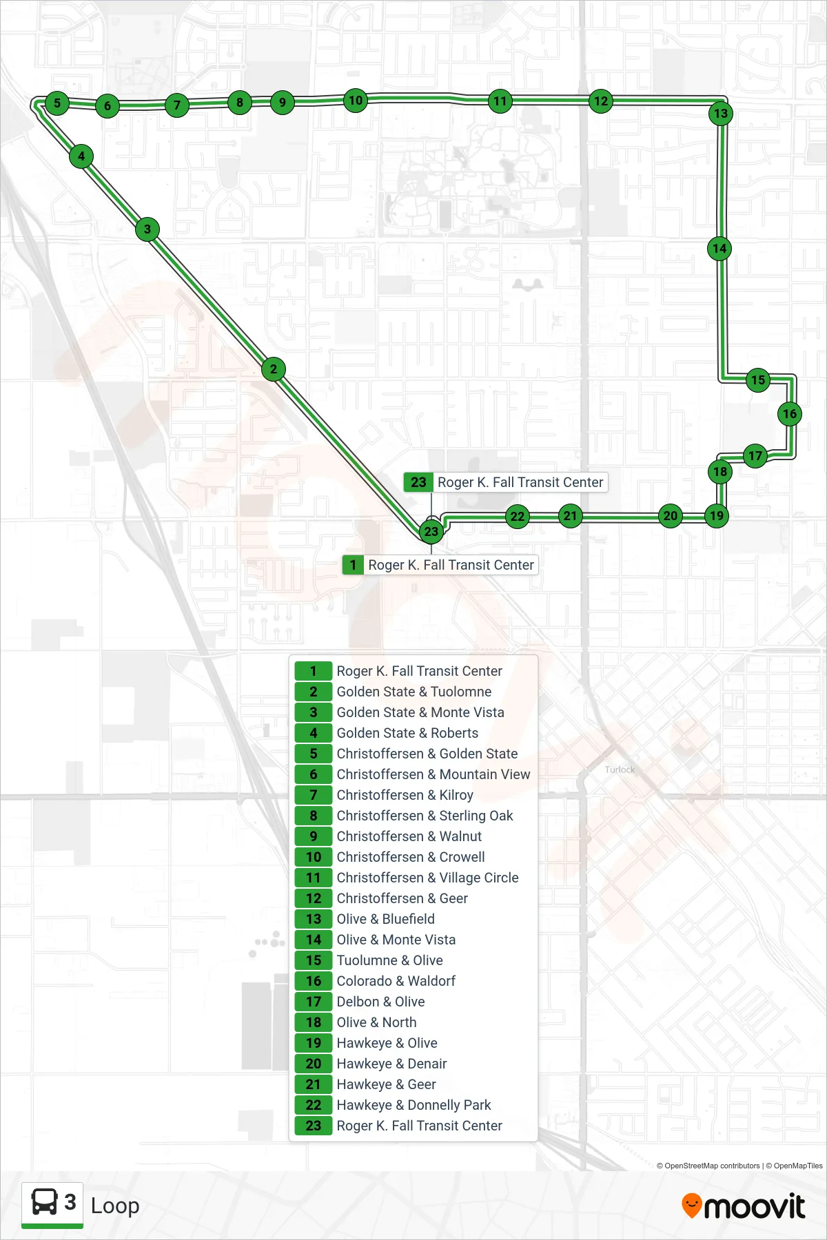 3 bus Line (Loop) route and stops on a map