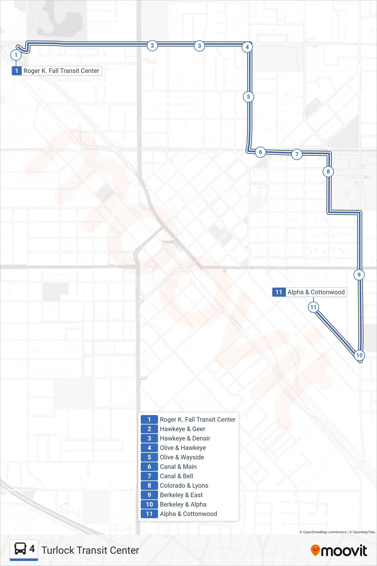 4 bus Line (Turlock Transit Center) route and stops on a map