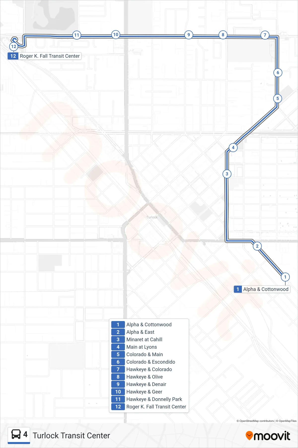 4 bus Line (Turlock Transit Center) route and stops on a map