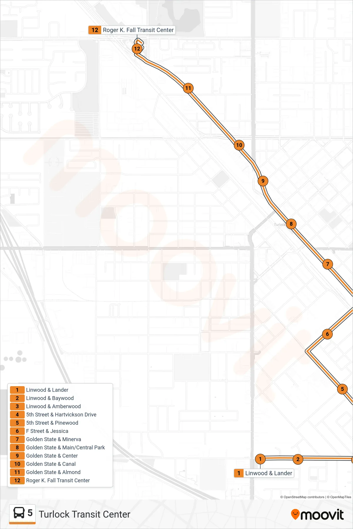5 bus Line (Turlock Transit Center) route and stops on a map