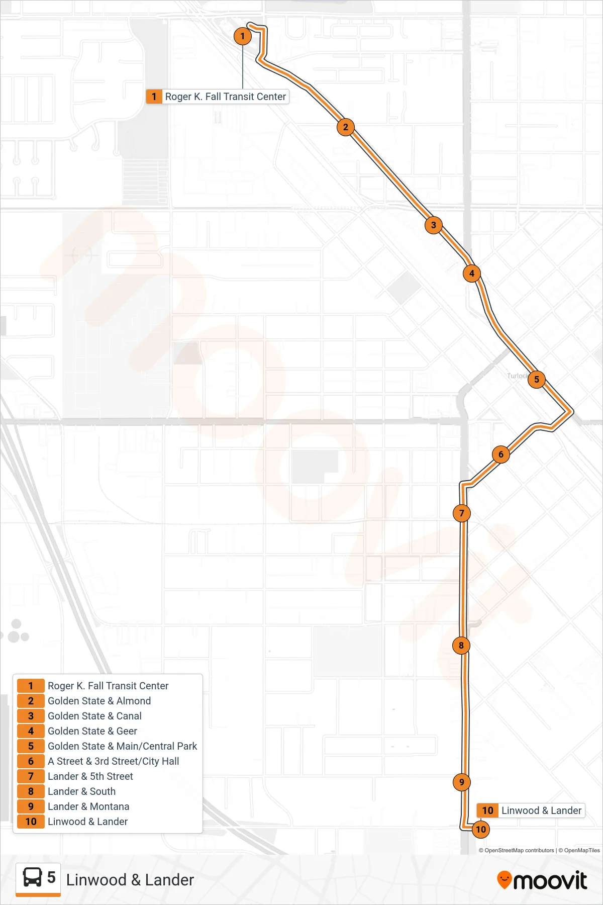 5 bus Line (Linwood & Lander) route and stops on a map