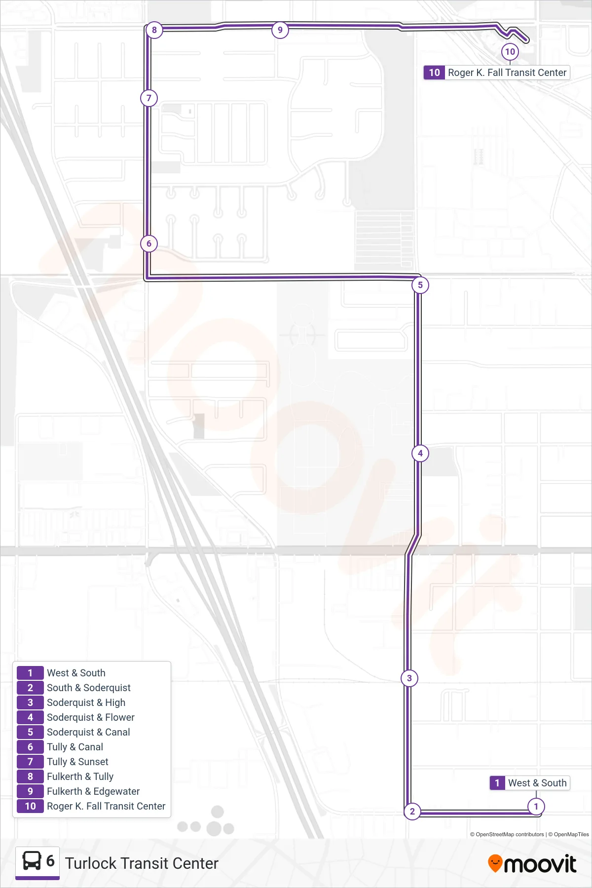 6 bus Line (Turlock Transit Center) route and stops on a map