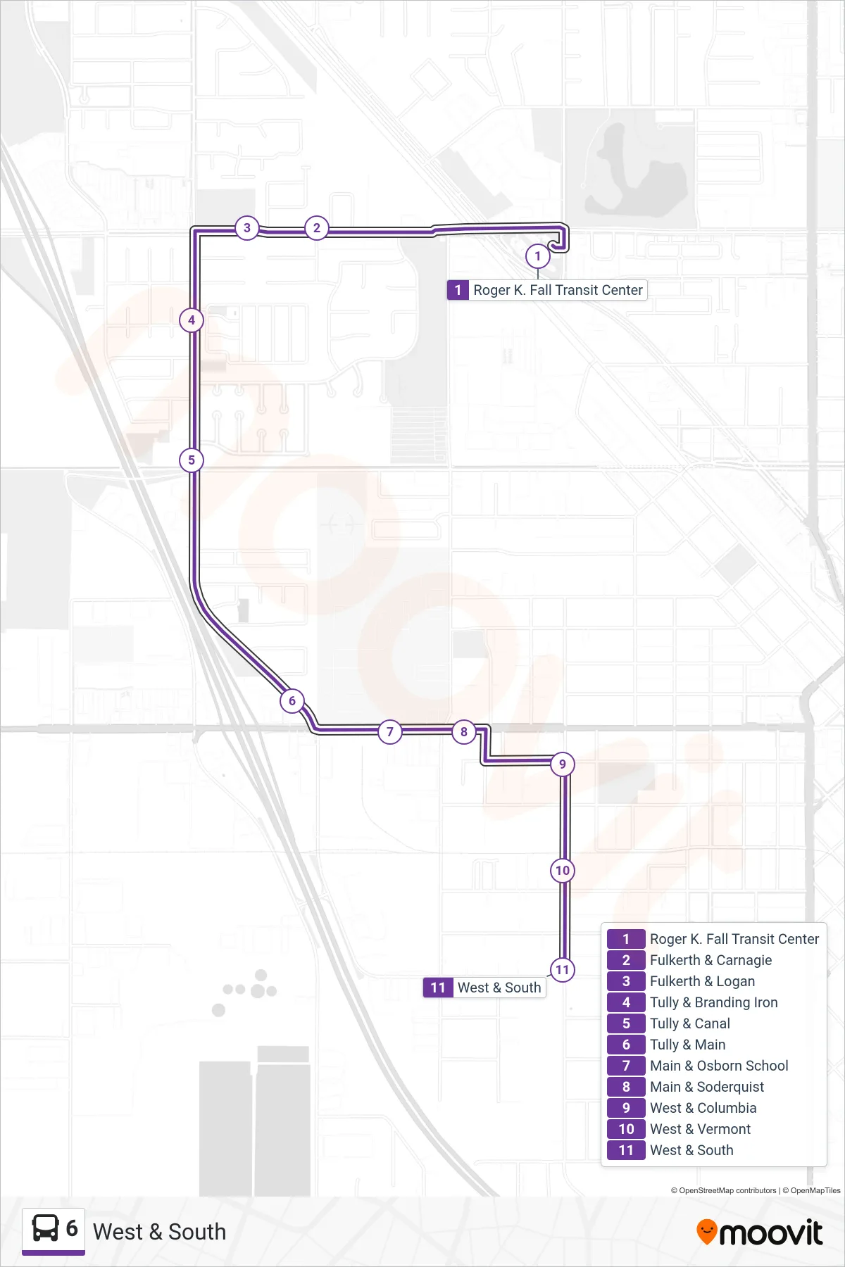 6 bus Line (West & South) route and stops on a map